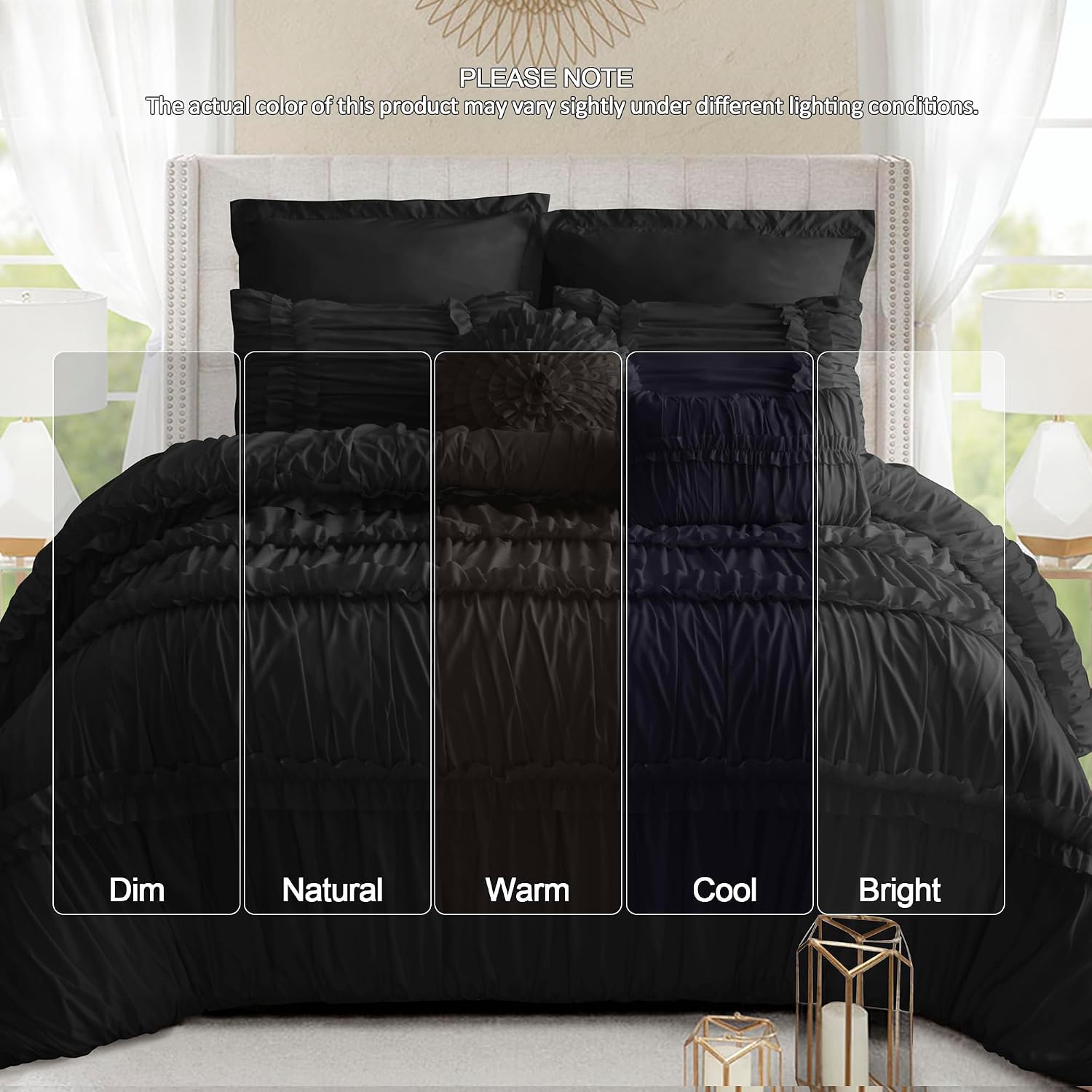 Homechoice Decor Black Comforter Set Queen, 7 Piece Ruffled Bed-in-a-Bag with Decorative Pillows, Elegant Modern Farmhouse Bedding for Chic Rustic & Contemporary Bedroom Decor (LQ-43)