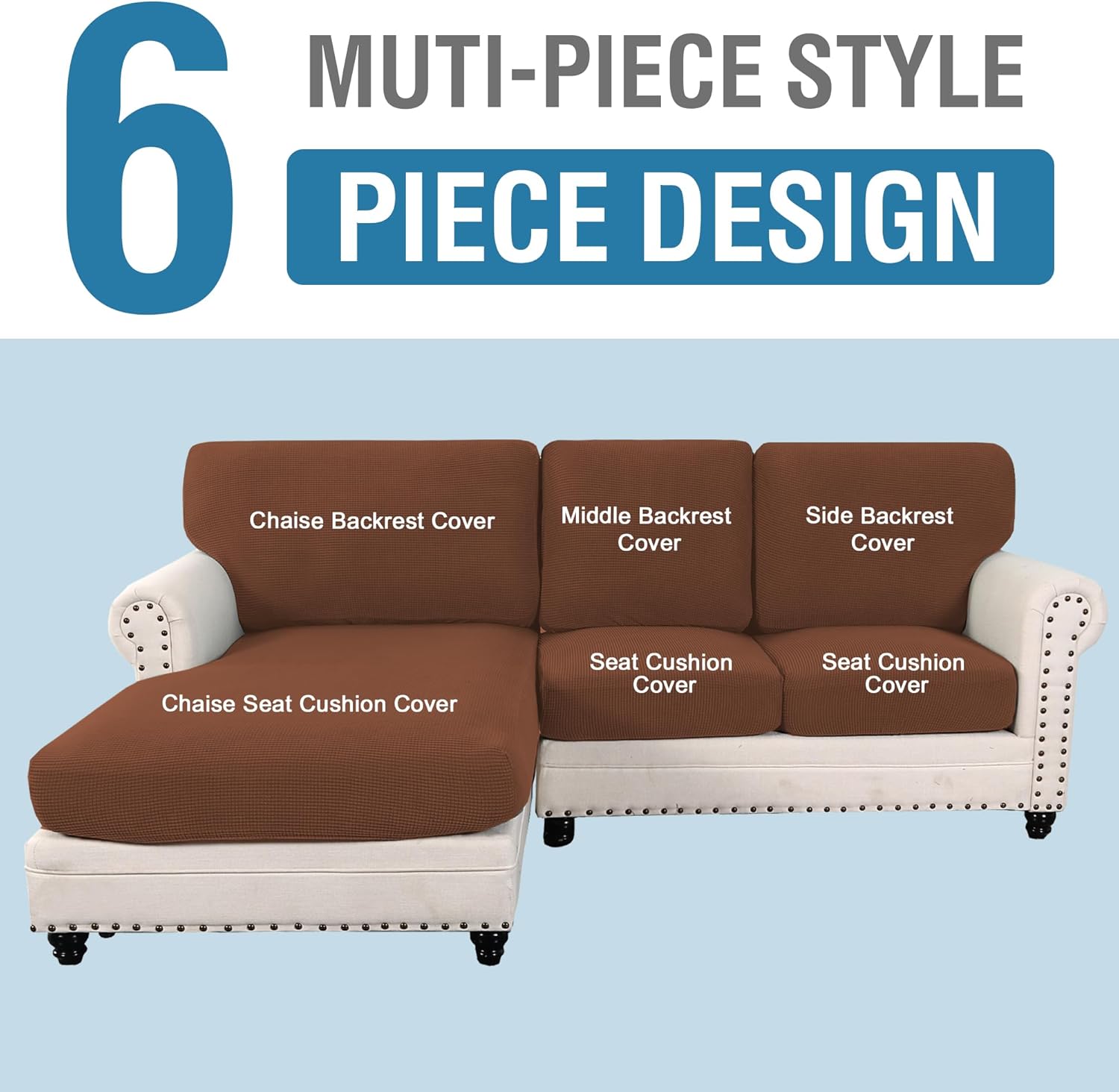 h.versailtex sectional couch covers 6 pieces stretch sofa covers for sectional sofa set separate l shaped couch cover for both left/right couch (seat and back: 1 chaise + 2 sofa, caramel) seat and back: 1 chaise + 2 sofa caramel