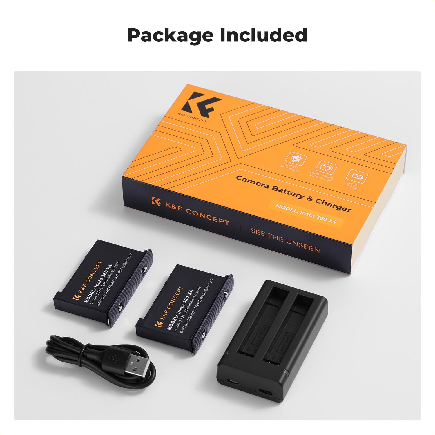 Zestaw 2 baterii K&F CONCEPT Insta360 X4 o pojemności 2350 mAh + ładowarka LED z dwoma gniazdami, USB-C/Micro USB, w pełni odszyfrowana, bez wysuwanego ekranu, kompatybilna z panoramiczną kamerą sport