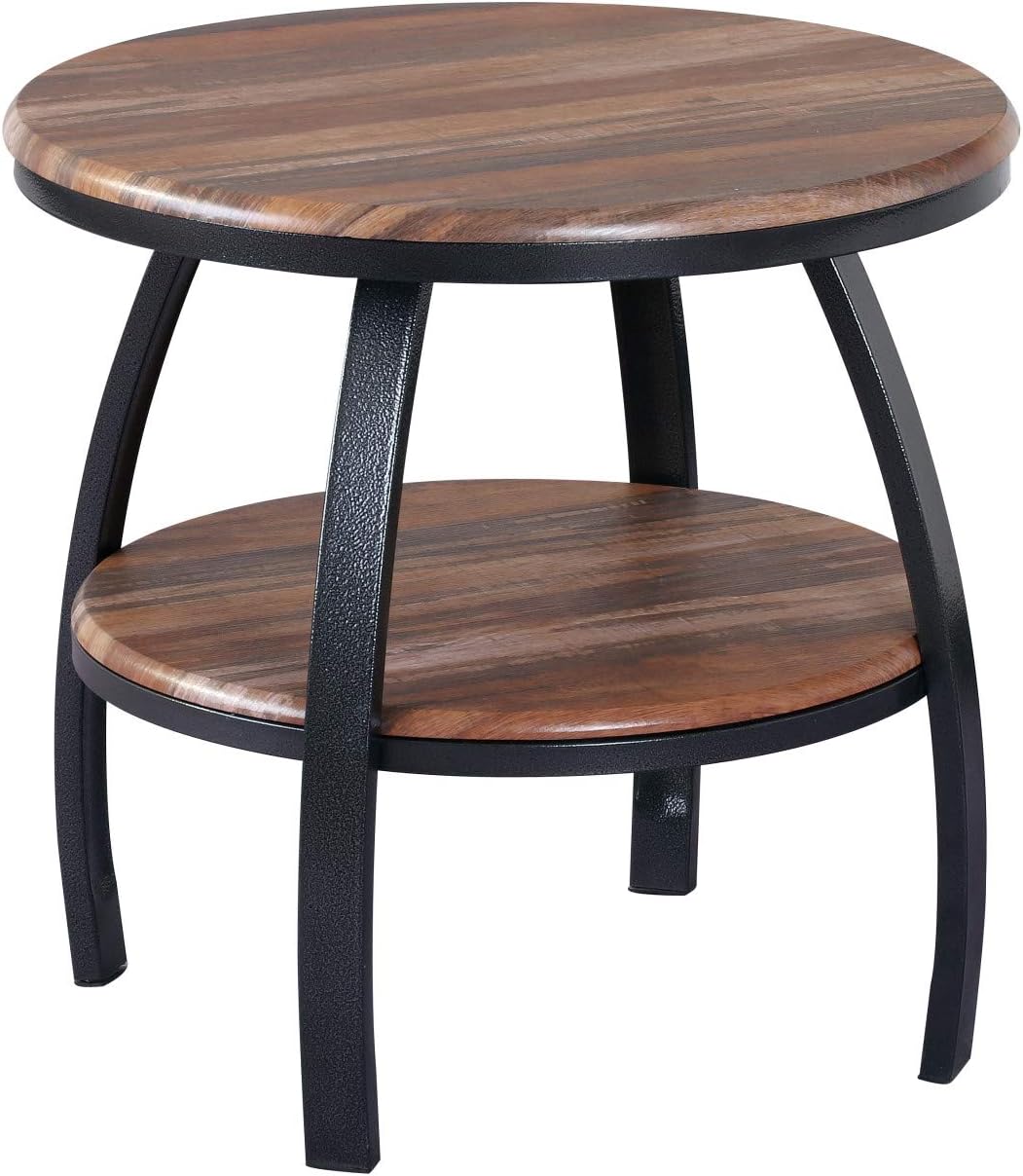 Yohanis Round End Table in Fresh Brew with Round Table Top, Metal Legs, And Open Shelving