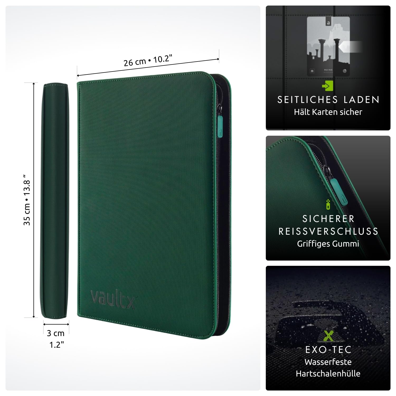Vault X 9-Taschen-Trading-Kartenordner mit Reißverschluss, 360 Karten, Premium Exo-Tec-Albummaterial, 20 seitlich ladbare Seiten, Sammelordner für Sammelkartenspiele, Sportkarten, TCG (Grün)