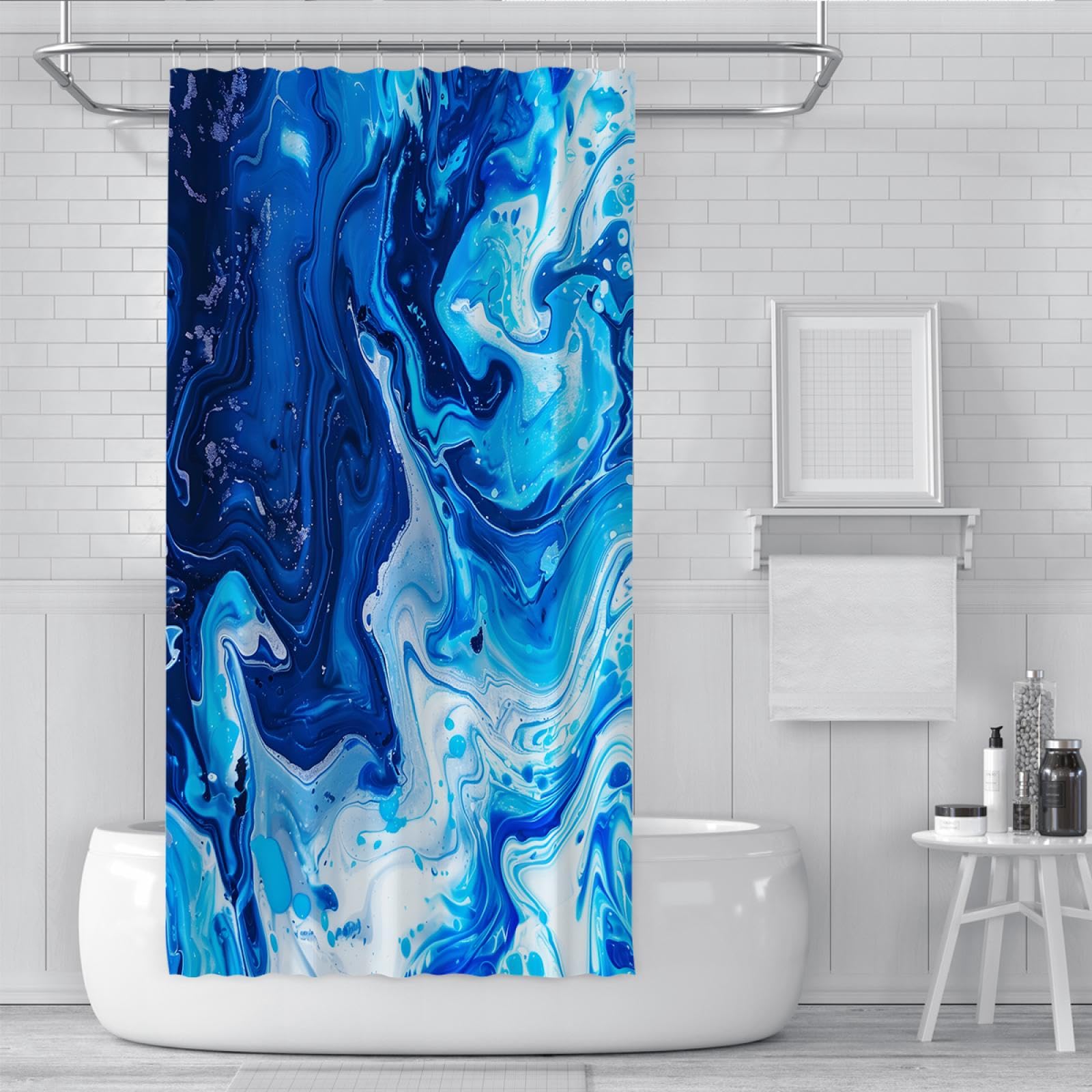 Hellblauer Marmor Waschbarer Duschvorhang Moderner Stoff-Badewannenvorhang mit Haken Wasser Wellen Muster Duschvorhang Liner 180x180