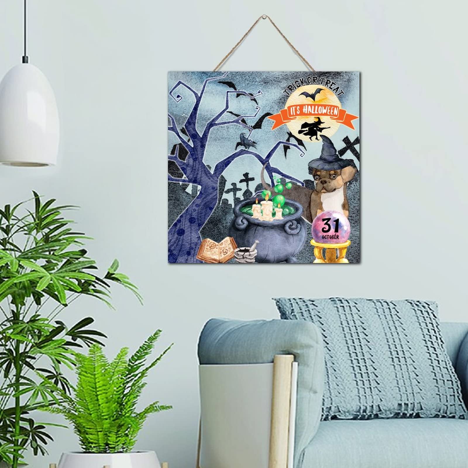 Tableau Trick or Treat bois toile d'araignée déco murale salon porche 30cm