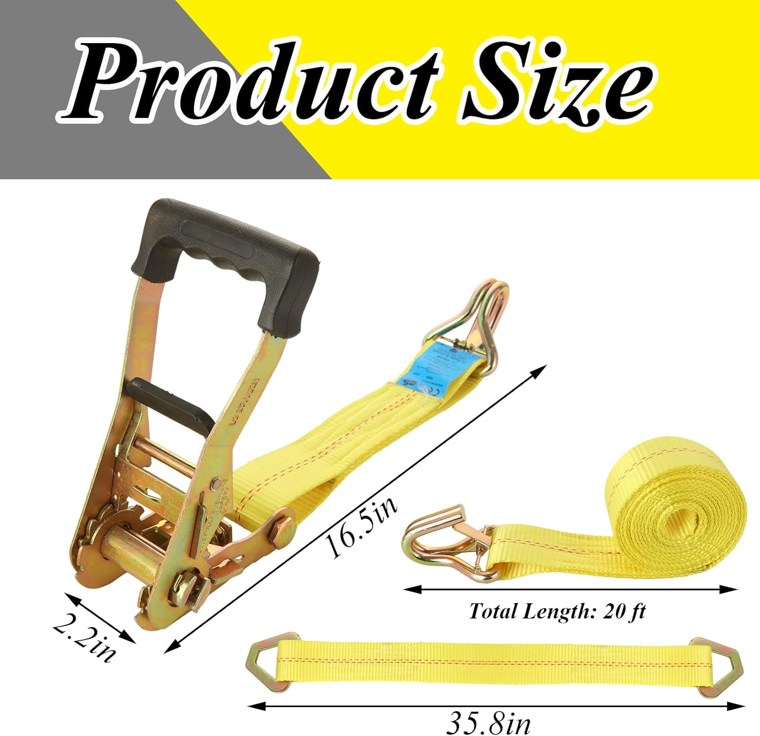 4 Pack Car Tie Down Straps for Trailers with J Hooks, 2" x 10' Heavy Duty Ratchet Straps with 2" x 36'' Axle Straps, 10,000lbs Break Strength Truck Strap for Car, Truck, UTV Transport, Yellow - Image 2