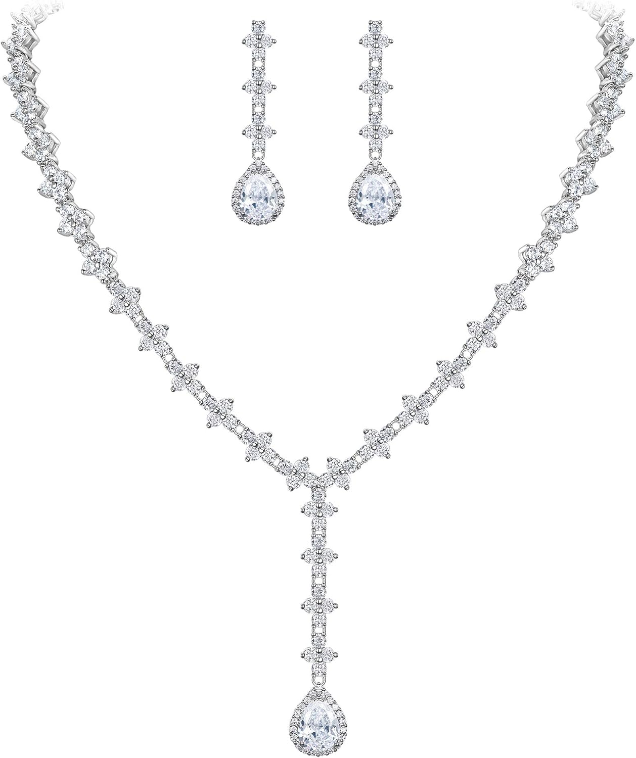 EleQueen Women's Sparkle Cubic Zirconia Floral Teardrop Necklace Earrings Bracelet Bridal Jewelry Set for Women Party Prom