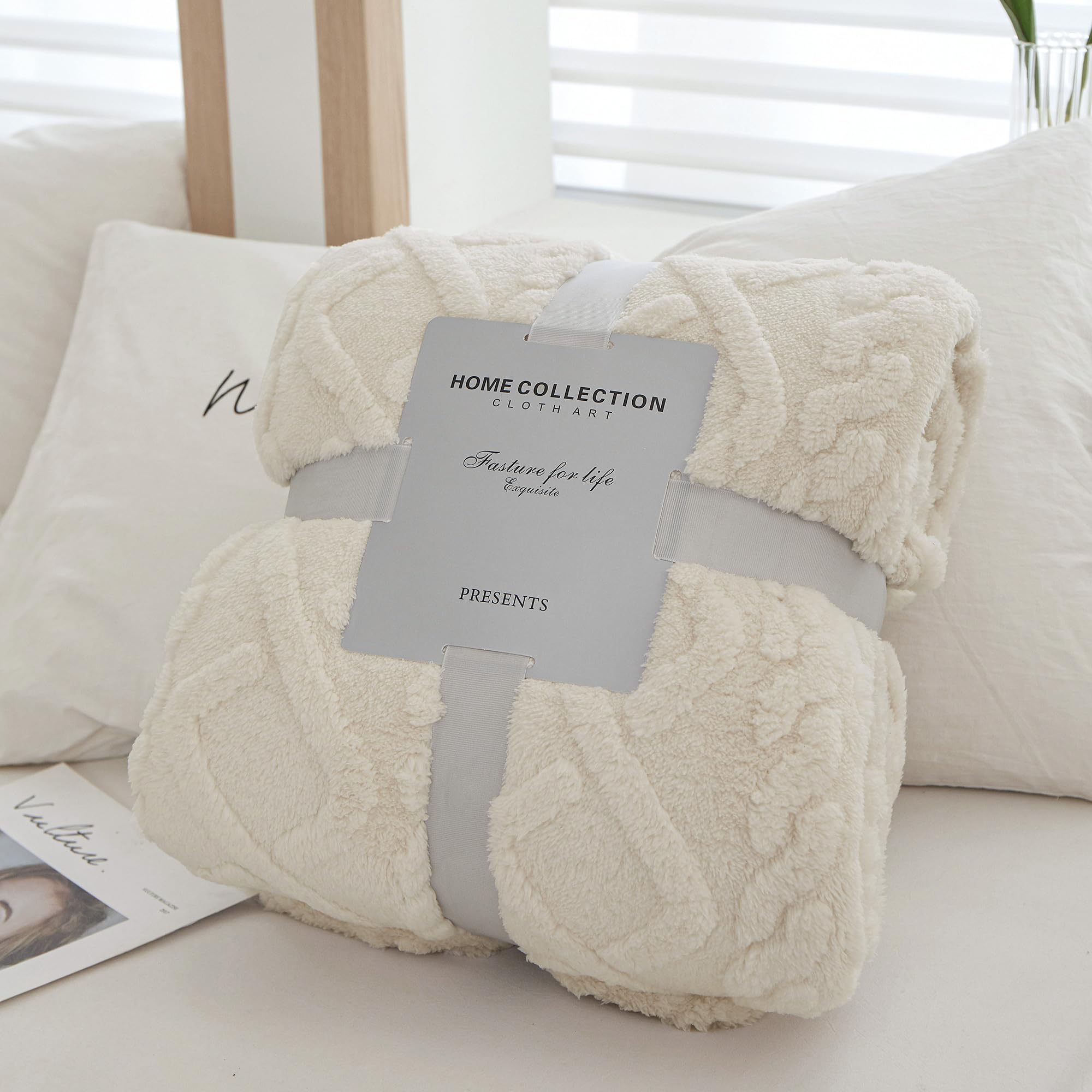 WONGS BEDDING Couverture douillette pour canapé, style bohème, 220 x 240 cm, en polaire, douce et chaude, pour lit, canapé, blanc crème