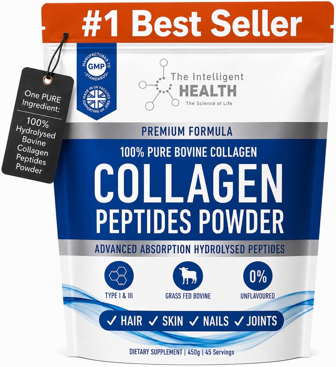 Collagen Powder, Hydrolysed Bovine Peptides, Unflavoured Protein Formula, Grass Fed, Collagen Supplement for Women & Men, 450g