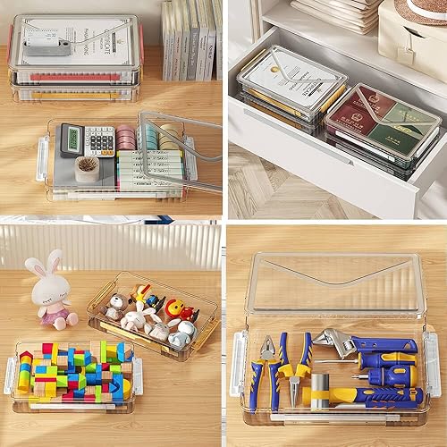 Miniatura 4 de Paquete de 2 cajas de almacenamiento de plástico transparente con tapas, apilables, cajas de almacenamiento de papel para organizar papel de archivo