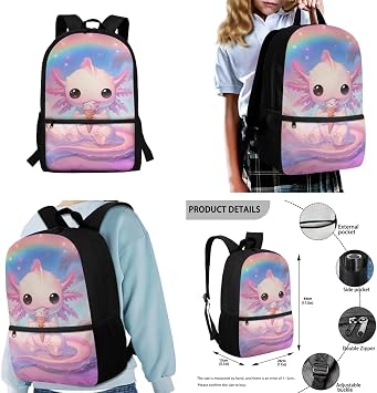 Cozeyat Rainbow Milk Axolotl Backpack for Elementary Girls Backpacks Ages 6-8 Bookbag with Lunch Box and Water Bottle Carrier 17 inch Little Girl Backpack Kawaii School Bag for Kids 1st 2nd Student
