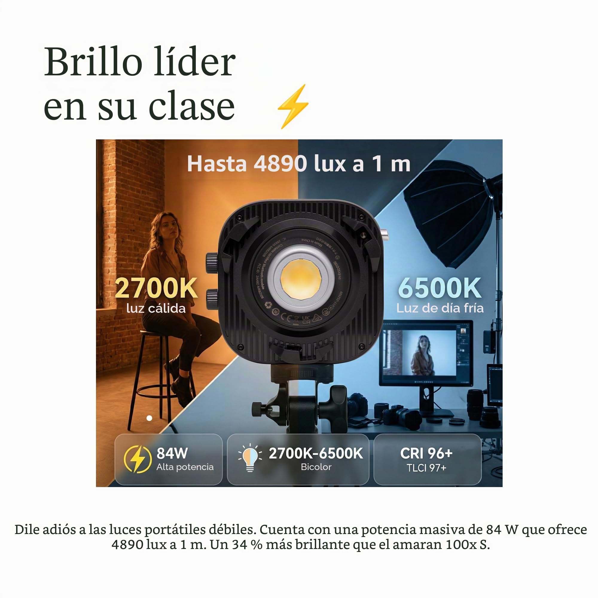 Amaran Halo 100x Luce Video COB LED Bicolore 100W 2700K-6500K 4890 Lux a 1 Metro Luce ultracompatta da viaggio alimentazione USB C PD controllo App e NFC attacco Bowens per Studio Youtube TikTok