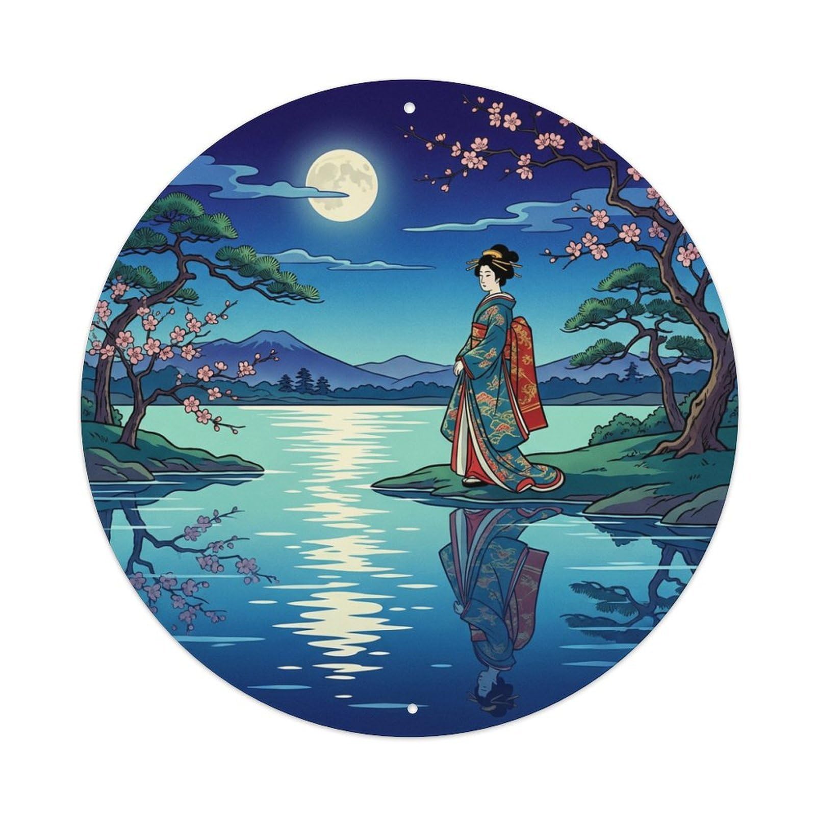 Metal Tin Sign Japanese Geisha Moonlight Lake Reflection Lakeside Ukiyo-e