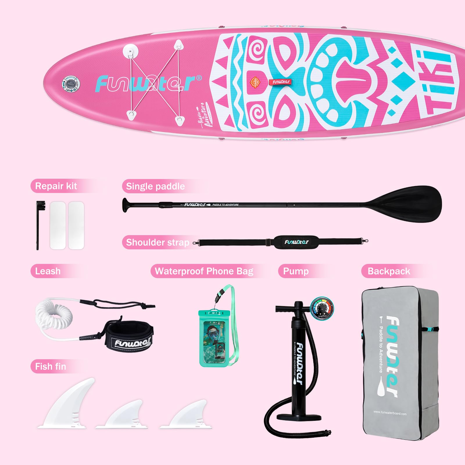 FunWater SUP gonflable ultra léger (8 kg) pour tous les niveaux de compétence, tout inclus avec planche à pagaie, pagaies flottantes Adj, pompe, sac à dos de voyage ISUP, laisse, sac à dos étanche 3 m
