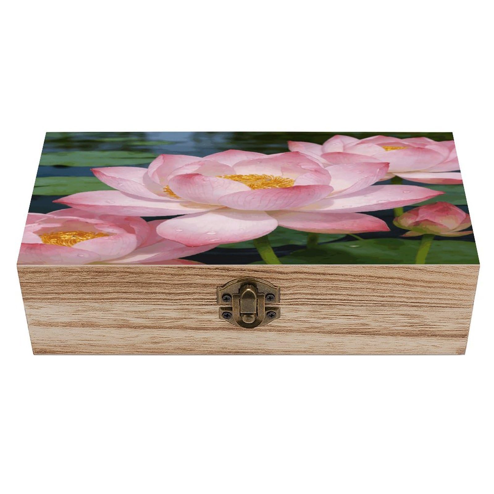LZQPOEAS Clear Lotus with Dew Wooden Keepsake Box Wooden Storage Box Container with Hinged Lid Beautiful Wood Memory Box Decorative Jewelry Case for Crafts Art Hobbies & Trinket Storage