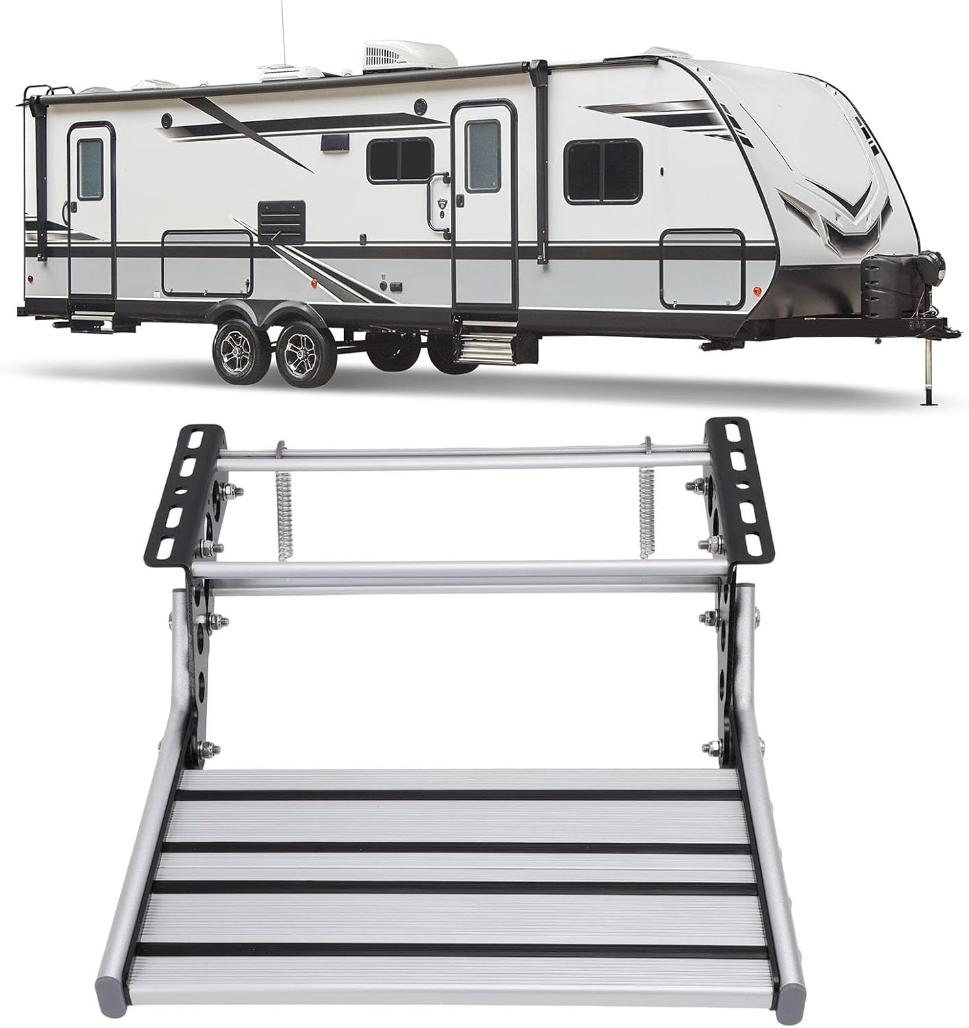 Eujgoov Manual RV Step Foldable Aluminum Alloy Single Ladder Stair with 400lbs Load Capacity Anti Slip Steps for Secure Entry Exit on Campers Travel Trailers and Motorhomes