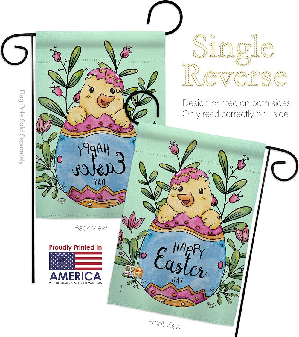 Happy Chick Garden Flag Set Wall Hanger Springtime Easter Bunny Egg Christian Season Holiday Small Decorative Gift Yard House Banner Made In USA 13 X 18.5