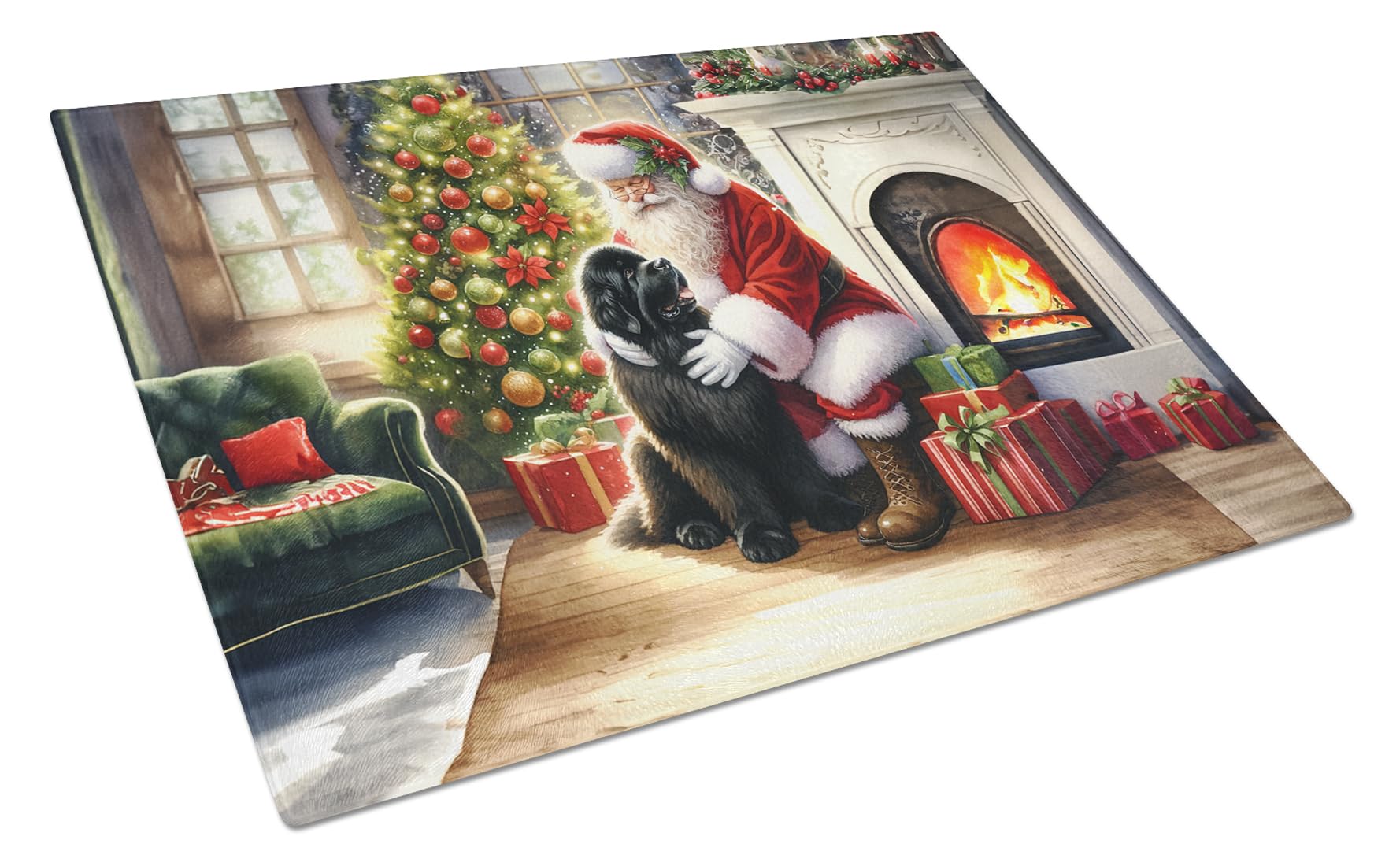 Caroline's Treasures DAC4143LCB Newfoundland and Santa Claus Glass Cutting Board Decorative Tempered Glass Kitchen Cutting and Serving Board Large