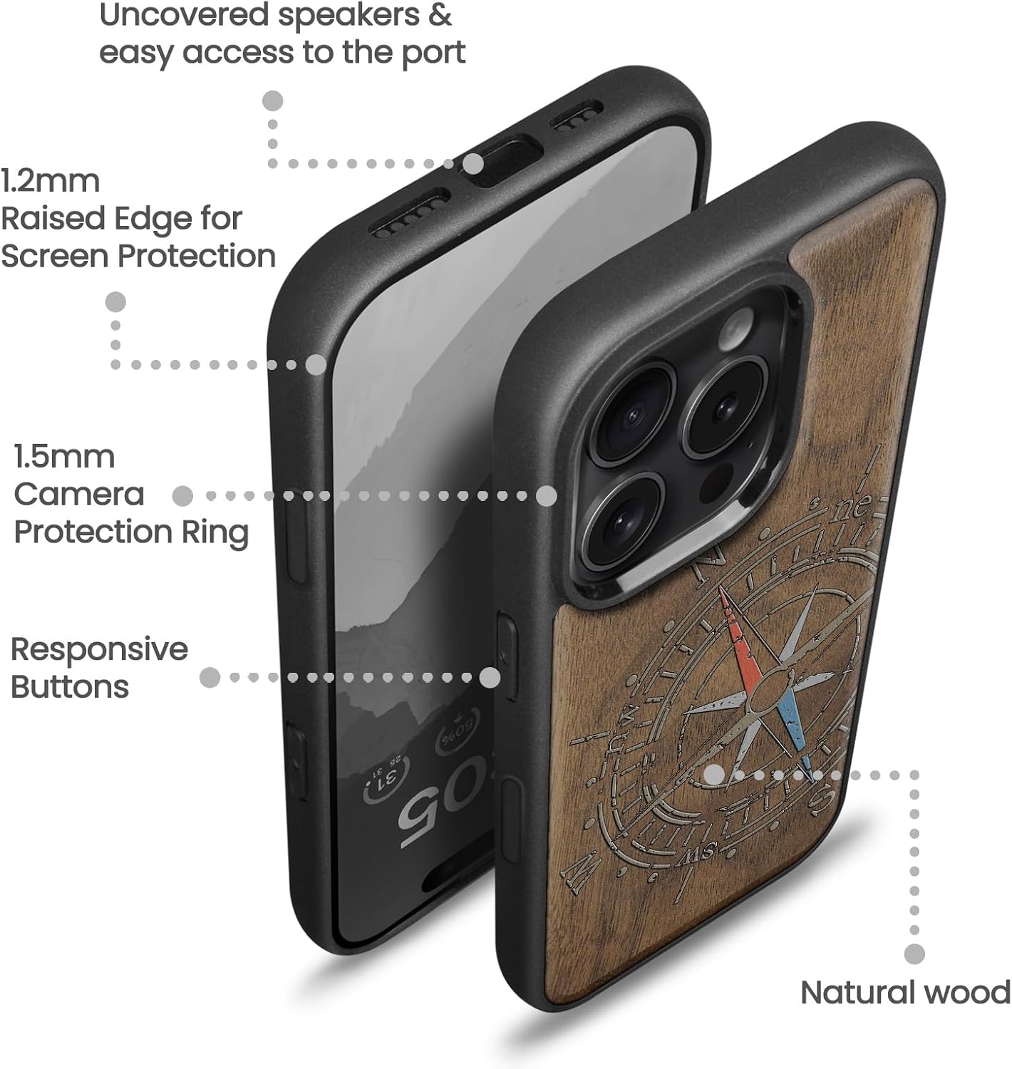 Magnetic for iPhone 16 Pro Max Case Compatible with MagSafe Wireless Charging, Natural Wood Cover & Shockproof TPU Phone Case, Walnut Hand-Drawn Pattern - Compass Adventure