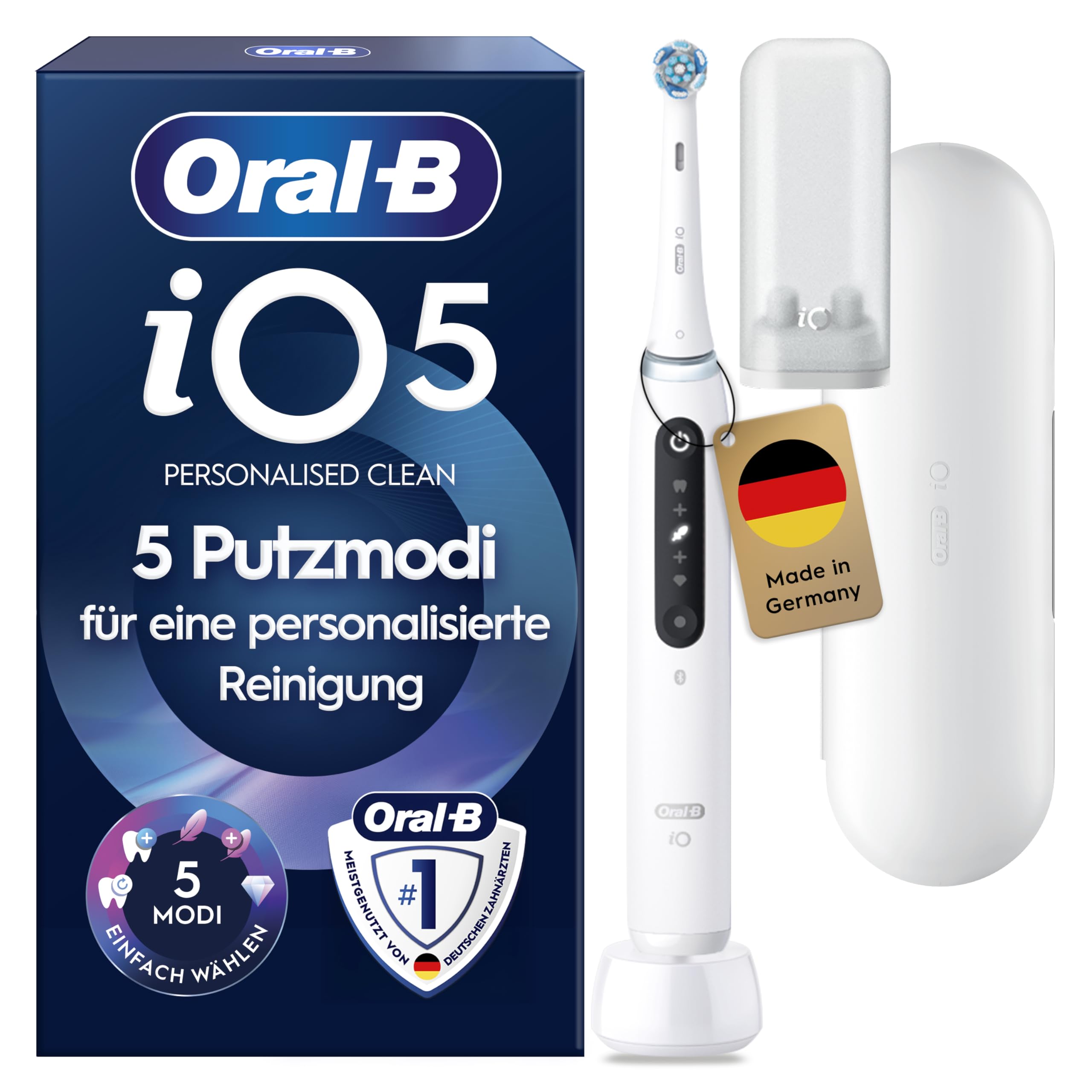Oral-B iO Series 5 Elektrische Zahnbürste, Weiß | Inkl. 1 Aufsteckbürste, Reise-Etui, Electric Toothbrush mit 5 Putzmodi für Zahnpflege