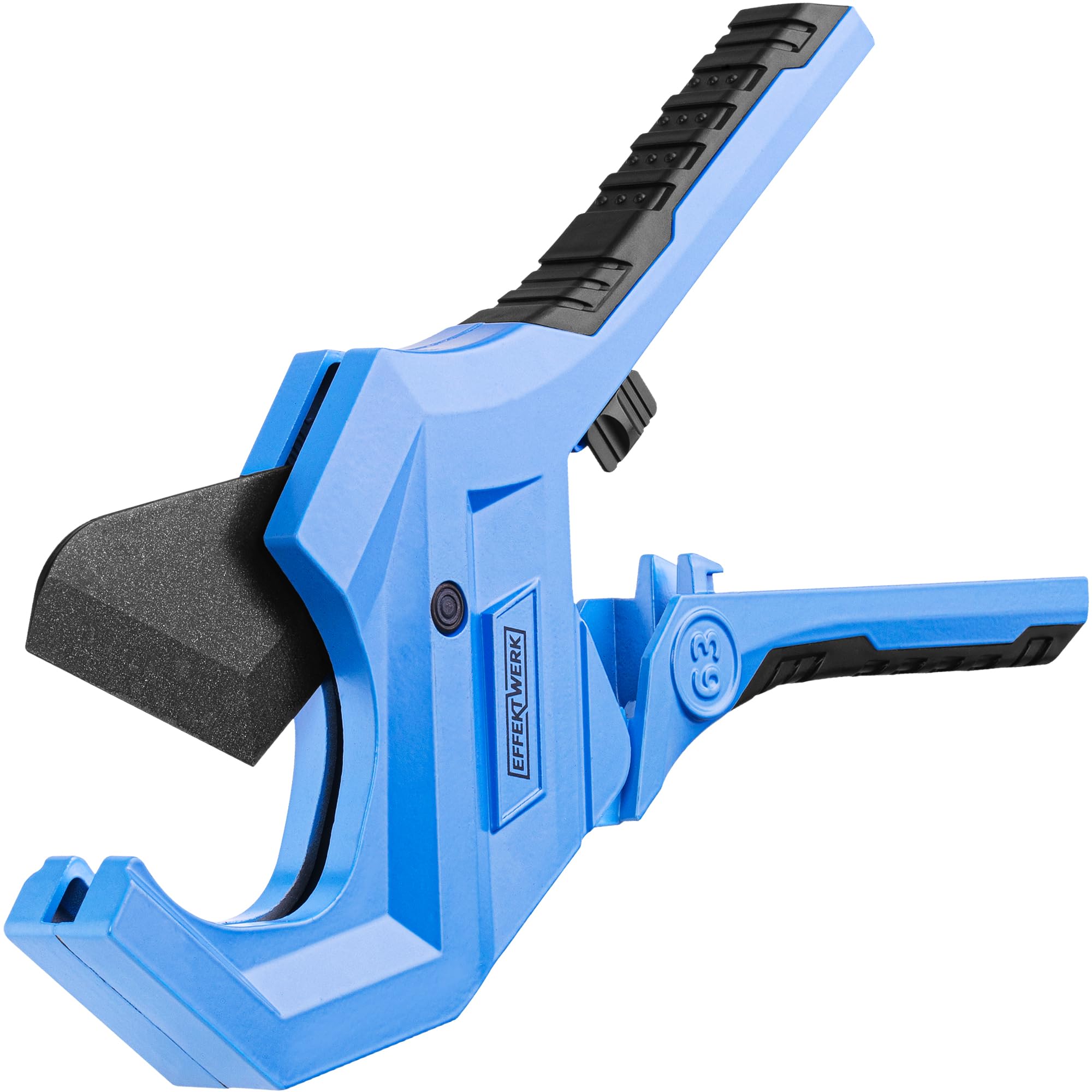 EffektWerk - Ratchet PVC Pipe Cutter - 63 mm - Heavy Duty Cutting Tool for PEX, PPR, PE, Plastic, Rubber Hoses, Tubing and Plumbing Pipes - Ideal for Plumbers, Electricians - for Duct Repairs