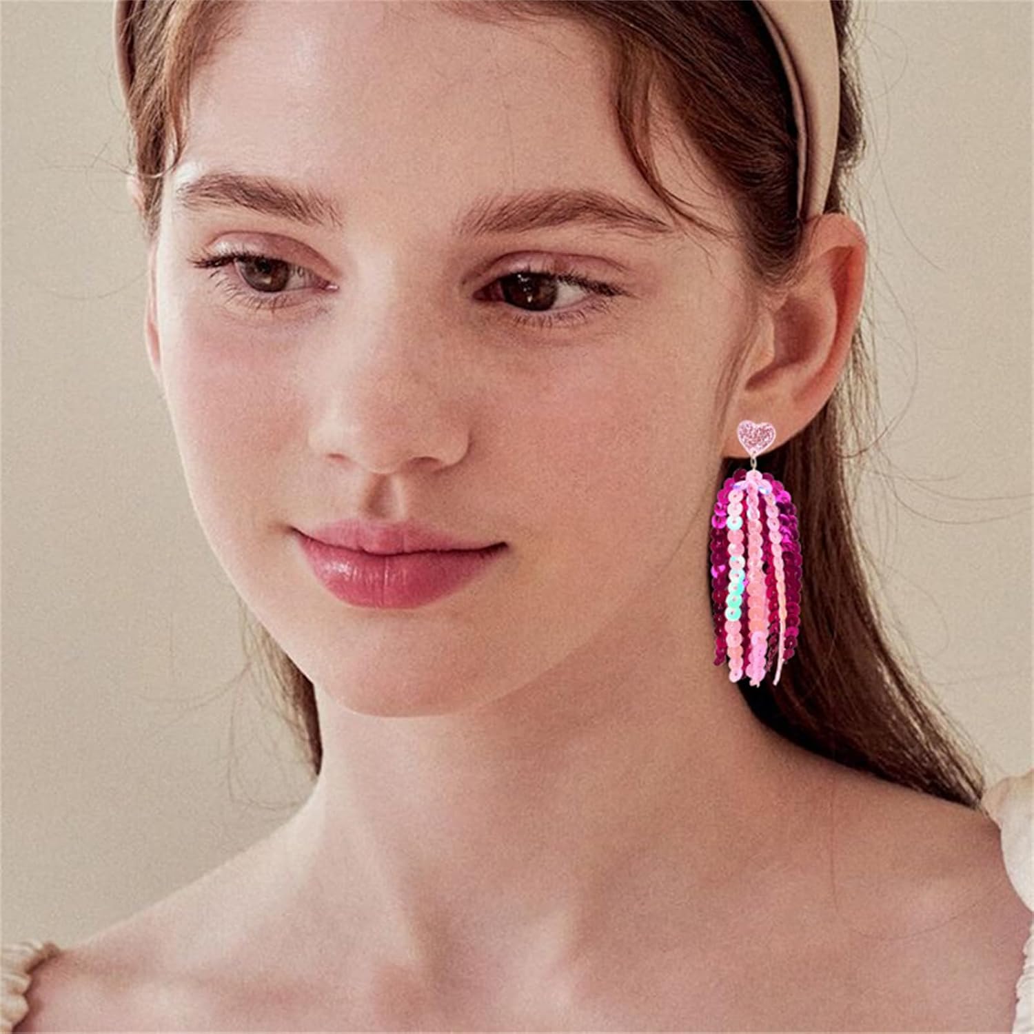 Romantic Heart Sequin Tassel Earrings for Women Glitter Hot Pink Heart Stud Earrings Game Day Dangle Earring Valentine's Day Wedding Birthday Party Jewelry Gift - Image 4