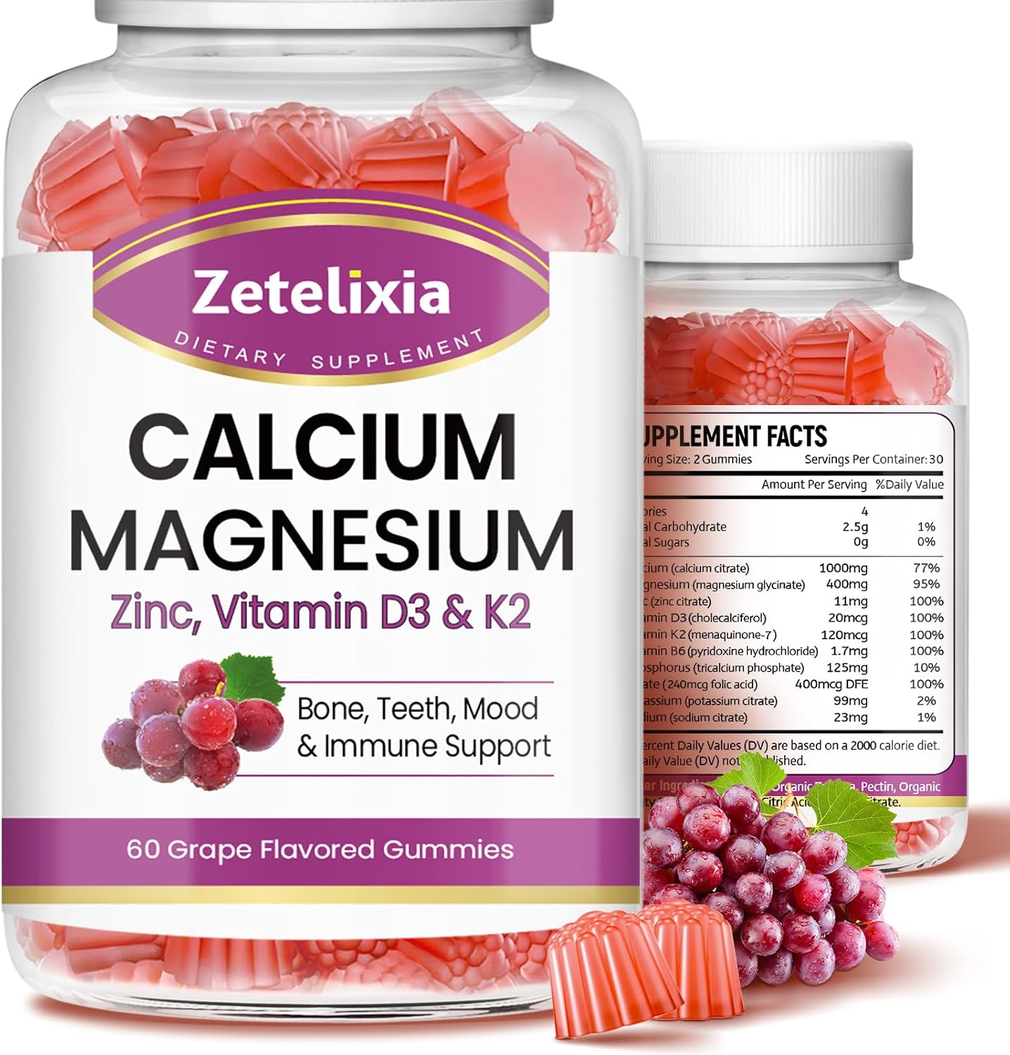 Calcium Gummies, Calcium Magnesium Zinc with Vitamin D3 & K2, Calcium Magnesium Supplement for B0nes Muscles, Grape Flavor - 120 Count Grape 60 Count (Pack of 2)( EXP: 04/2026)