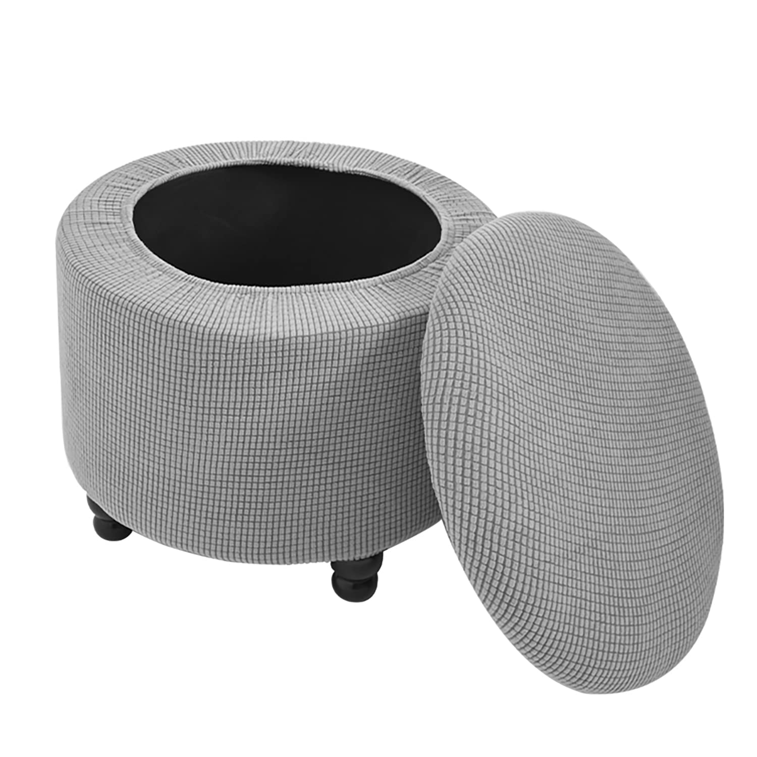 Andreannie Stretch Grey Jacquard Fabric Ottoman Slipcover Floding Storage Foot Stool Covers Soft Round Slipcover Removable Washable Furniture Protector for Home Decor (Grey)