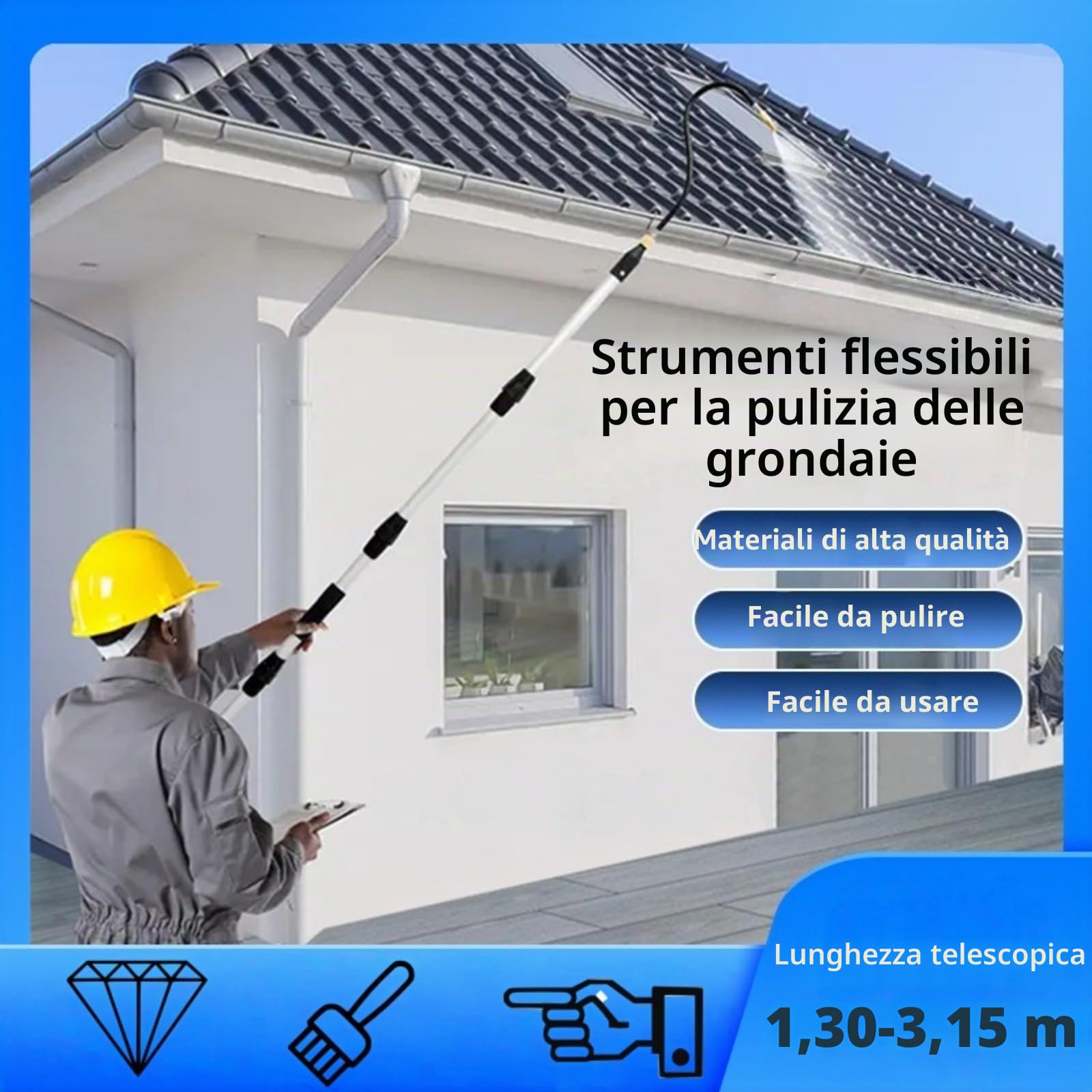 Strumento Telescopico per Pulizia Grondaie - in Alluminio Estensibile, Palo Pulitore per Grondaia ad Alimentazione Acqua, Drenaggio, Estendibile da 40 cm a 200 cm, Adatto per la Pulizia di Tetti, Auto