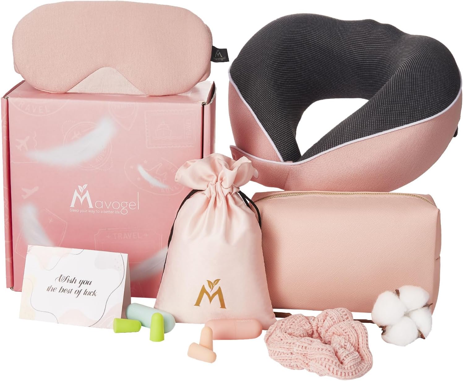 Mavoegl - Almohada cervical para viajes, 100% espuma viscoelástica pura con máscara para dormir, bolsa de maquillaje, tapones para los oídos y bolsa