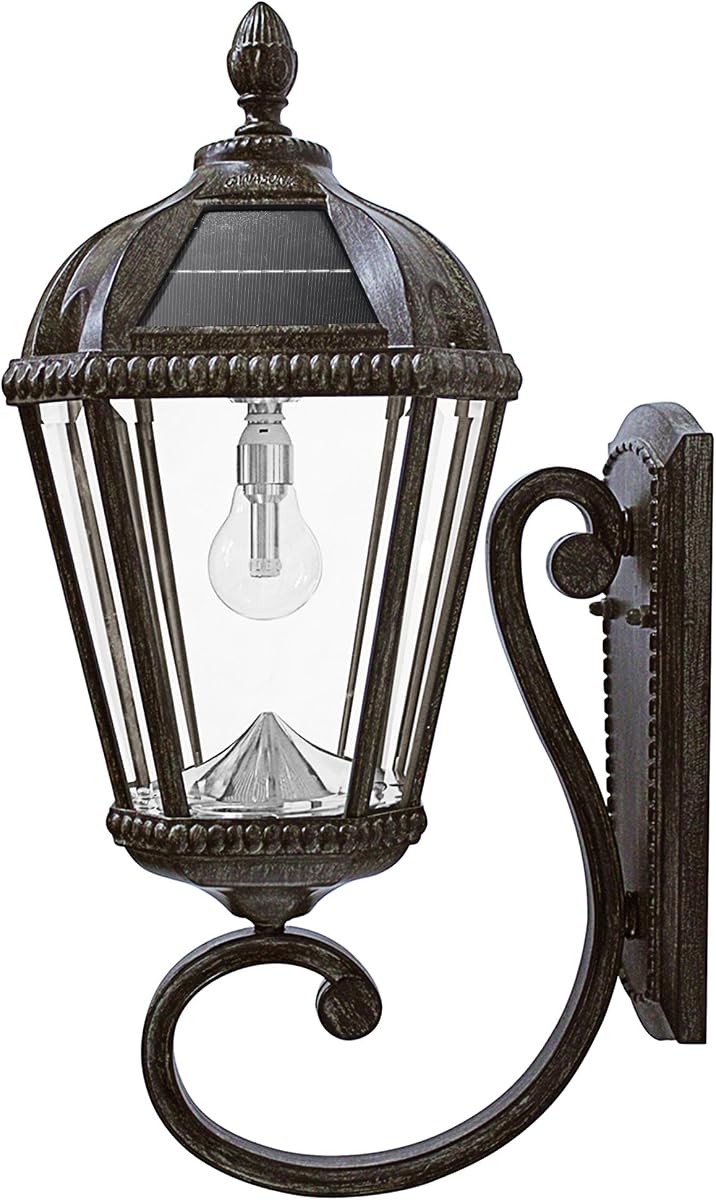 Solar Outdoor Wall Light, Royal Bulb Exterior Sconce Lamp, Weathered Bronze Finish Aluminum, Rain Water Glass, Warm White LED with Omni-Direction Reflector, 98B310 Upgraded Panel & Battery