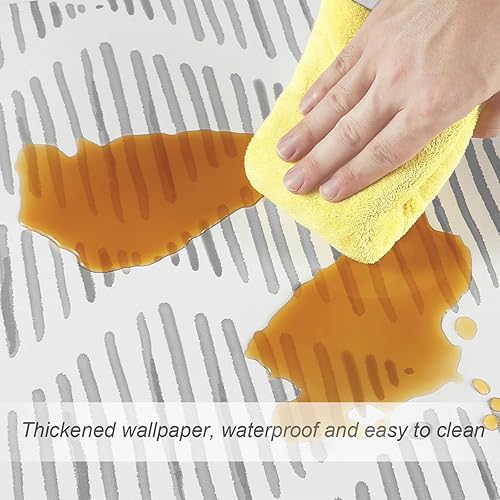 Miniatura 4 de Papel de contacto beige y blanco de 157.5 pulgadas texturizado moderno a rayas para despegar y pegar, papel tapiz geométrico, bohemio, extraíble,