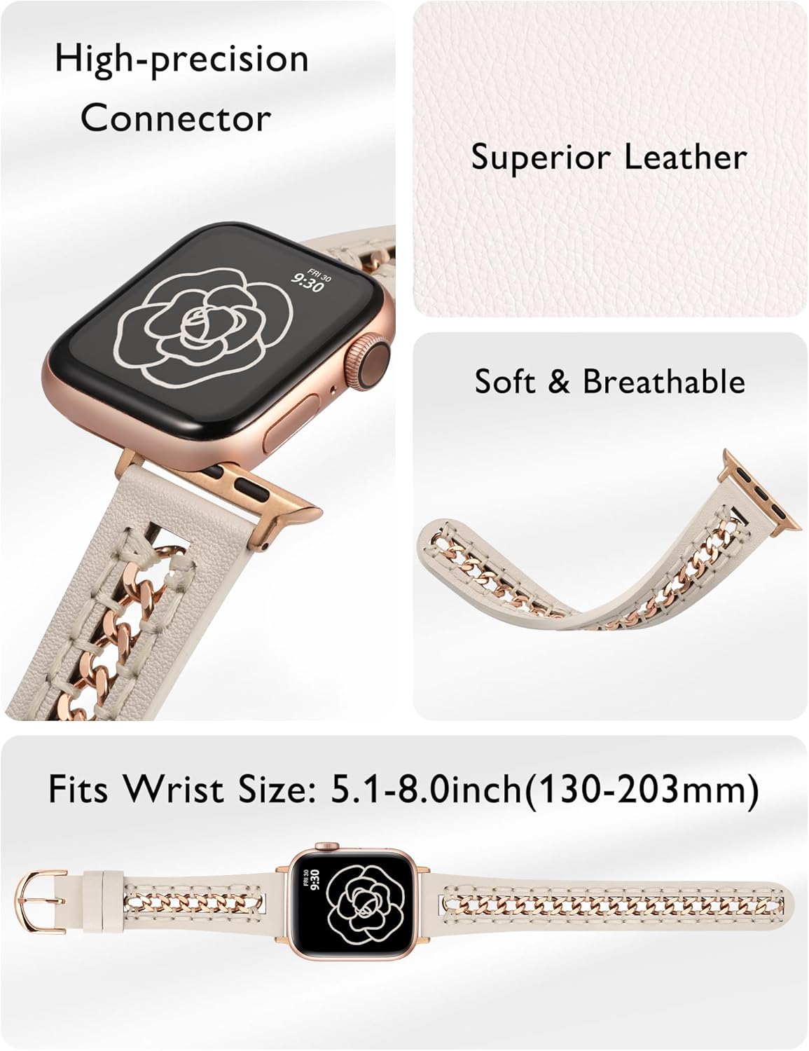 Minyee Leather Band Compatible with Apple Watch Bands 38/40/41/42/44/45/46/49mm Women, Dressy Premium Leather Strap with Stainless Steel Metal Chain for iWatch Series 11 10 9 8 7 6 5 4 SE/Ultra 3 2 1