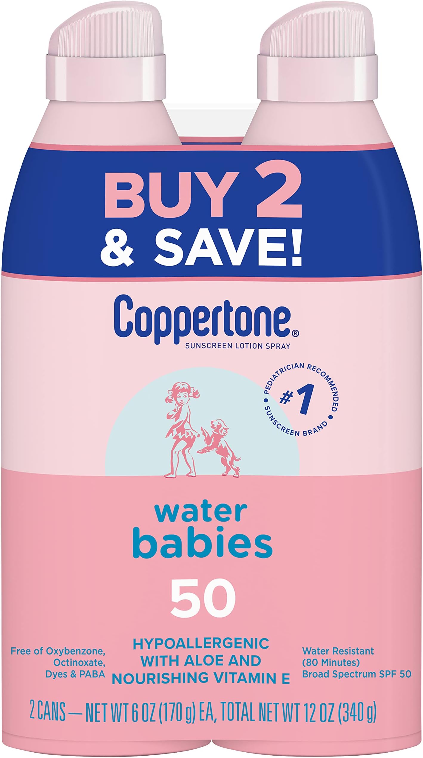 Coppertone WaterBabies Sunscreen Spray SPF 50, Spray On Sunscreen for Babies, Water Resistant, Pediatrician Recommended, 6 Oz, Pack of 2