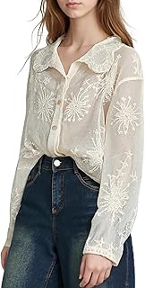 Blusa bordada de encaje para mujer - Elegante camisa de manga larga con botones y bordes festoneados (estilo con cuello/capucha)