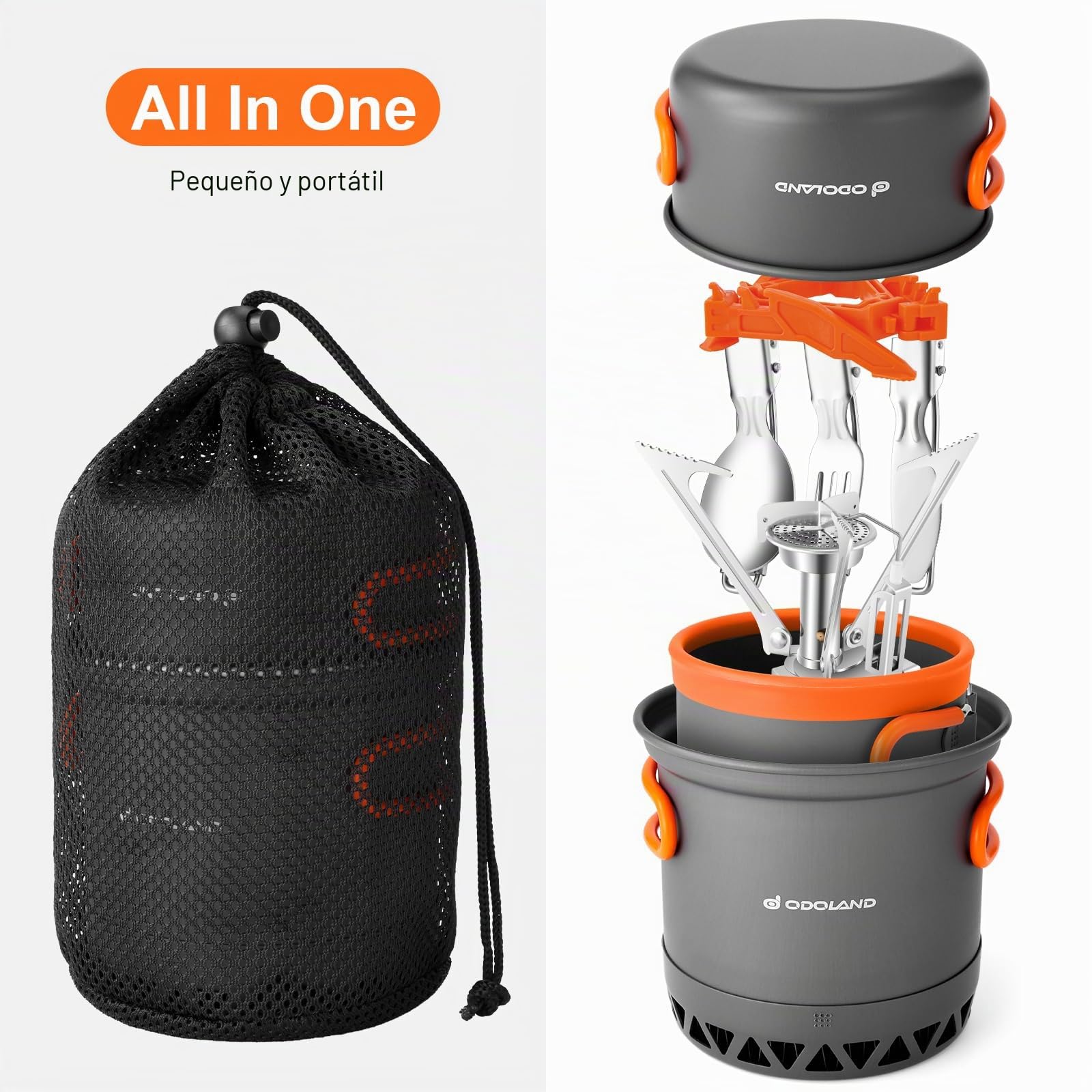 Odoland Kit de utensilios de cocina para camping, kit de 6 piezas de aluminio con olla antiadherente, mini estufa, taza, cubiertos y bolsa de almacenamiento, diseño de intercambiador de calor de alta