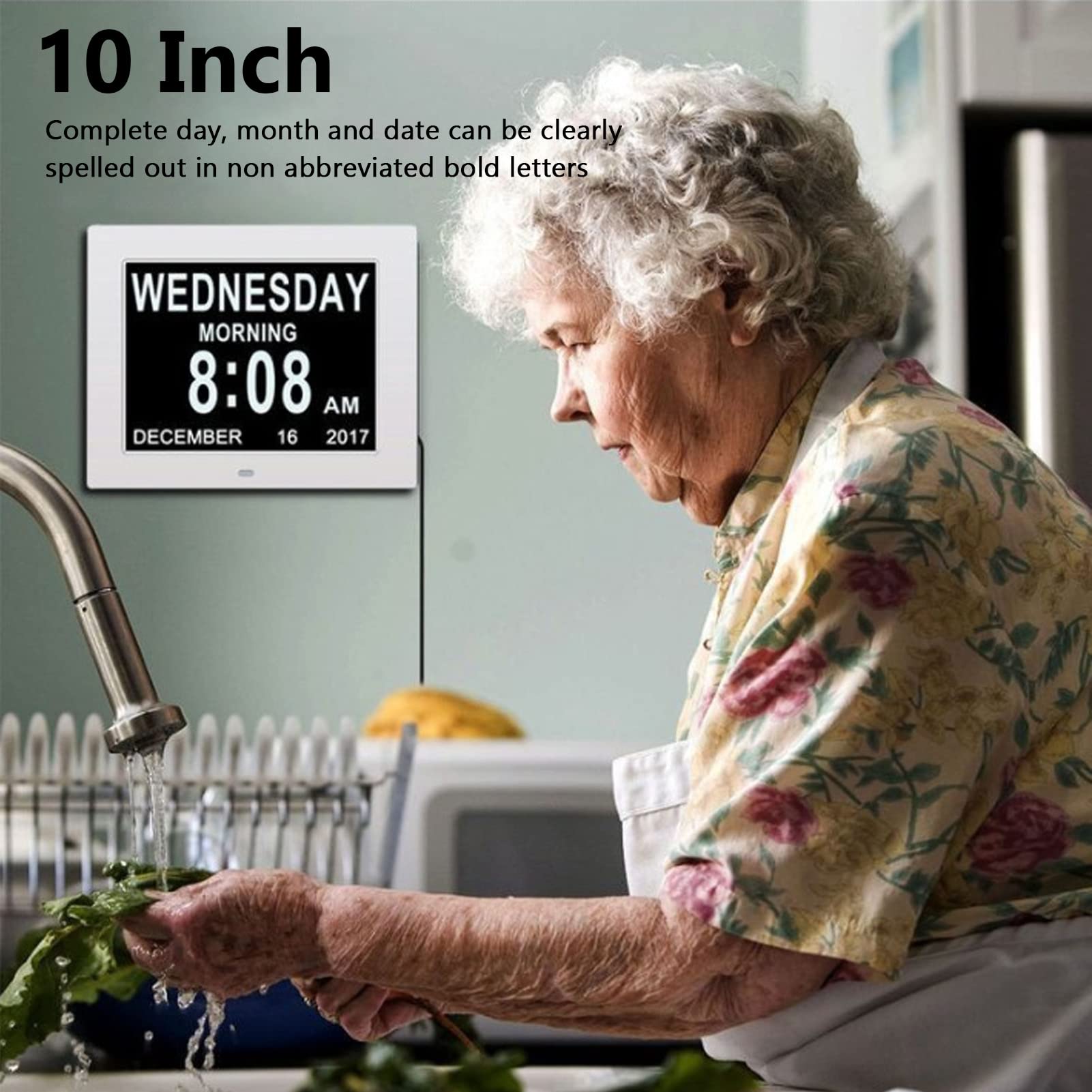 Orologio Calendario Digitale da 10 Pollici con Promemoria Farmaci, Facile da Leggere, 8 Lingue, Oscuramento Automatico, Facile da Usare per Anziani, Demenza, Bianco (Spina europea)