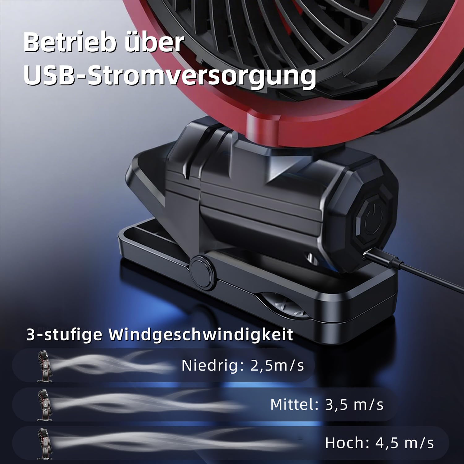 Auto Clip Ventilator,USB C Leise Fan Portable Klein Klemmventilator,360° Verstellbar 3 Stufen Stark Auto Lüfter für Car, SUV, PKW, LKW, Wohnmobil, Pickup, Van Autositz Ventilatoren(Schwarz)