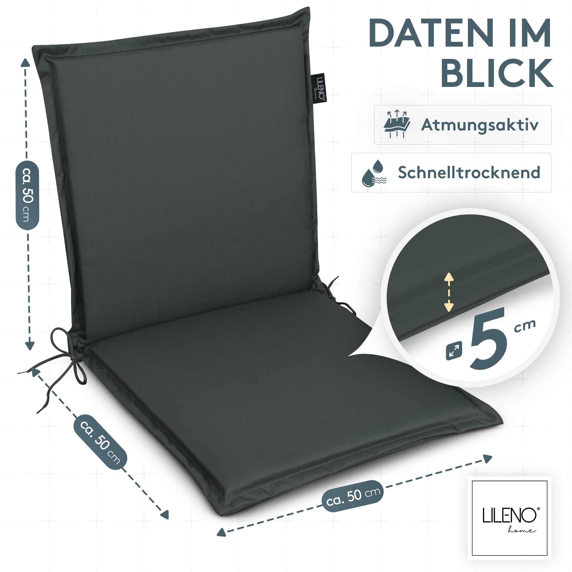 LILENO HOME Gartenstuhl Auflagen [4er Set - Niedriglehner] in Anthrazit - Bequeme Liegen als Sitzauflagen für Gartenmöbel - Stuhlkissen für Gartenstühle und Klappstühle MIA