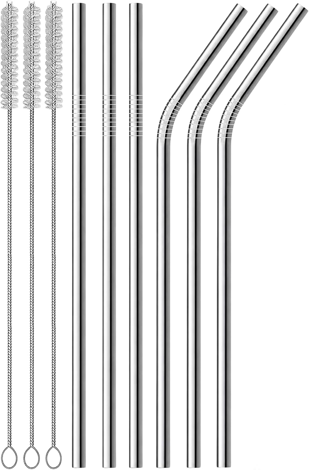 6’lı Metal Pipet Seti, Temizleme Fırçalı Düz ve Kavisli Tekrar Kullanılabilir Pipet, Smoothie Milkshake Kokteyl ve Soğuk İçecekler İçin Modern Metal Pipet
