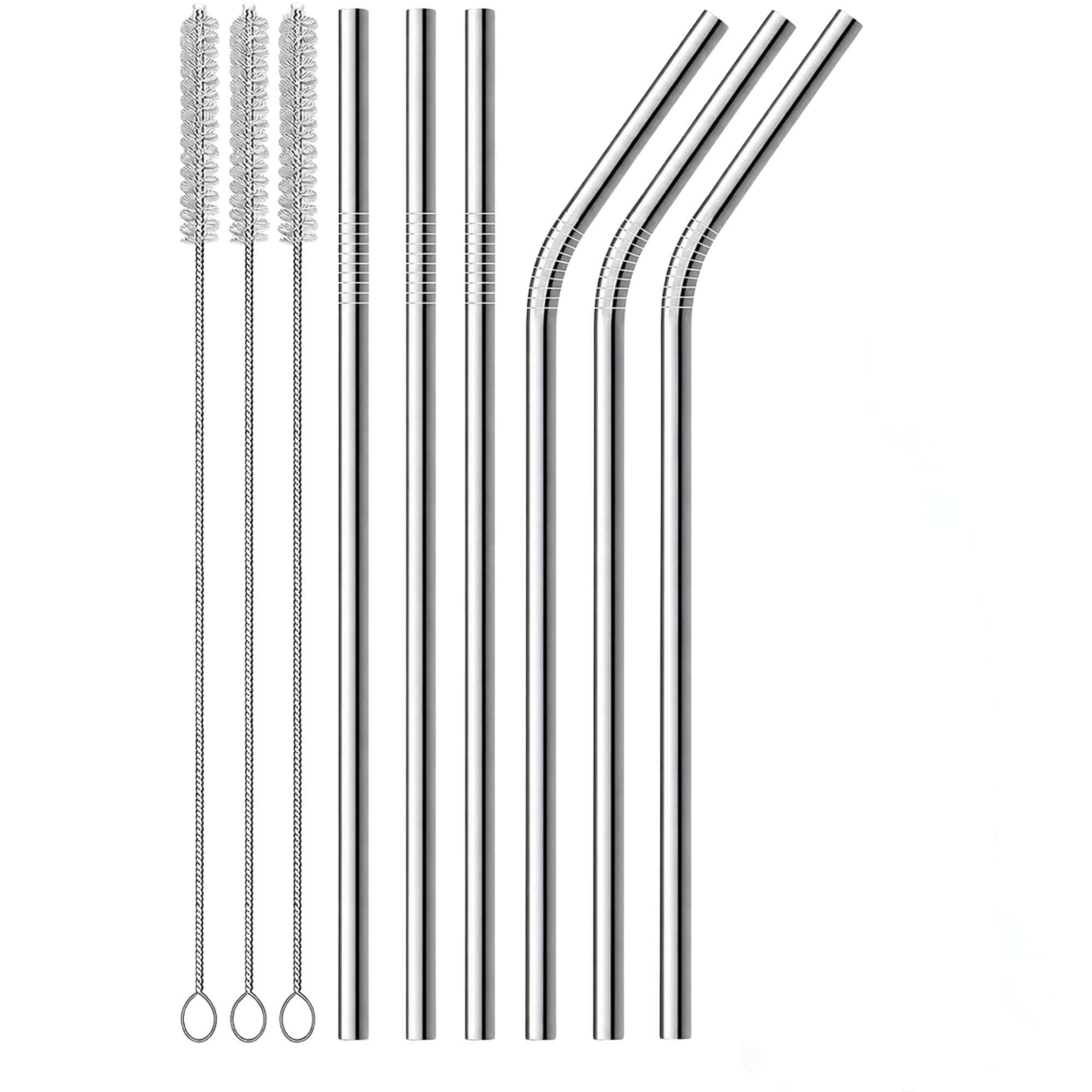 Calessier 6’lı Metal Pipet Seti, Temizleme Fırçalı Düz ve Kavisli Tekrar Kullanılabilir Pipet, Smoothie Milkshake Kokteyl ve Soğuk İçecekler İçin Modern Metal Pipet