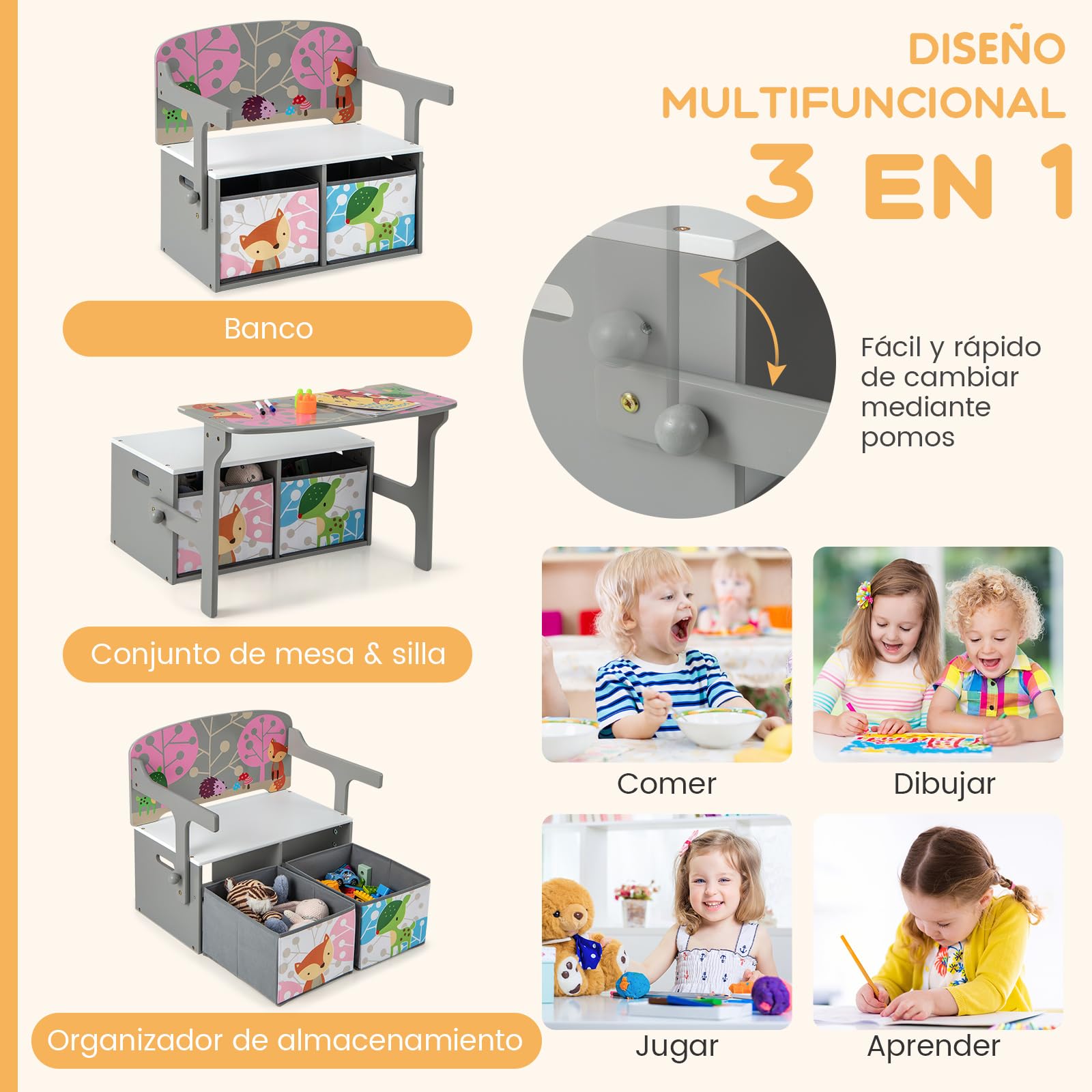 COSTWAY Mesa Infantil 3 en 1 con Banco, Banco de Actividades Convertible para Niños, Juego de Mesa y Silla para Niños con 2 Contenedores de Tela Extraíbles para Jugar a Dibujar