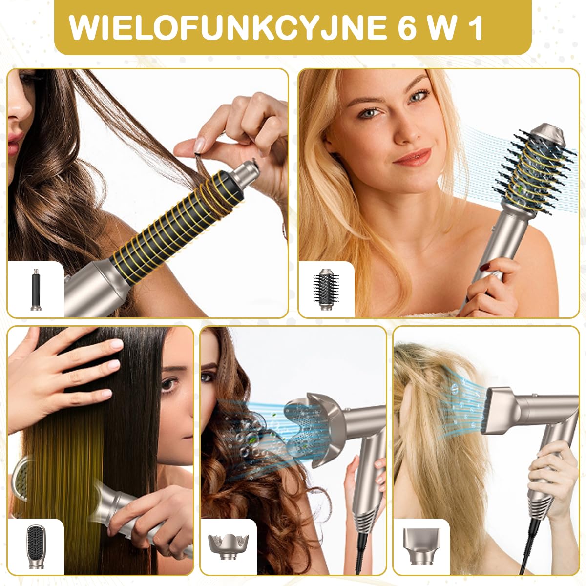 Pędzel do suszarki do włosów Fleau Beauty - Edycja PRO - Multistyler - Airstyler - Hairwrap - Szczotka do loków - Suszarka do włosów - Hairstyler - Zestaw 6 w 1 (szary - Zestaw 6 w 1)