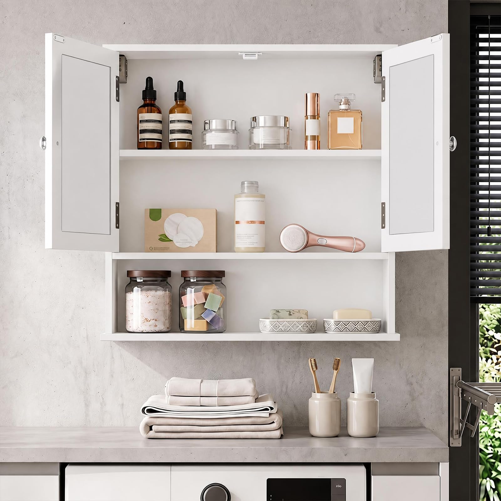 GIANTEX Moderno Armadietto da Bagno con Specchio (Bianco) | Mensola Regolabile e Scomparto Aperto, Mobile Salvaspazio per Bagno, Soggiorno, Ingresso