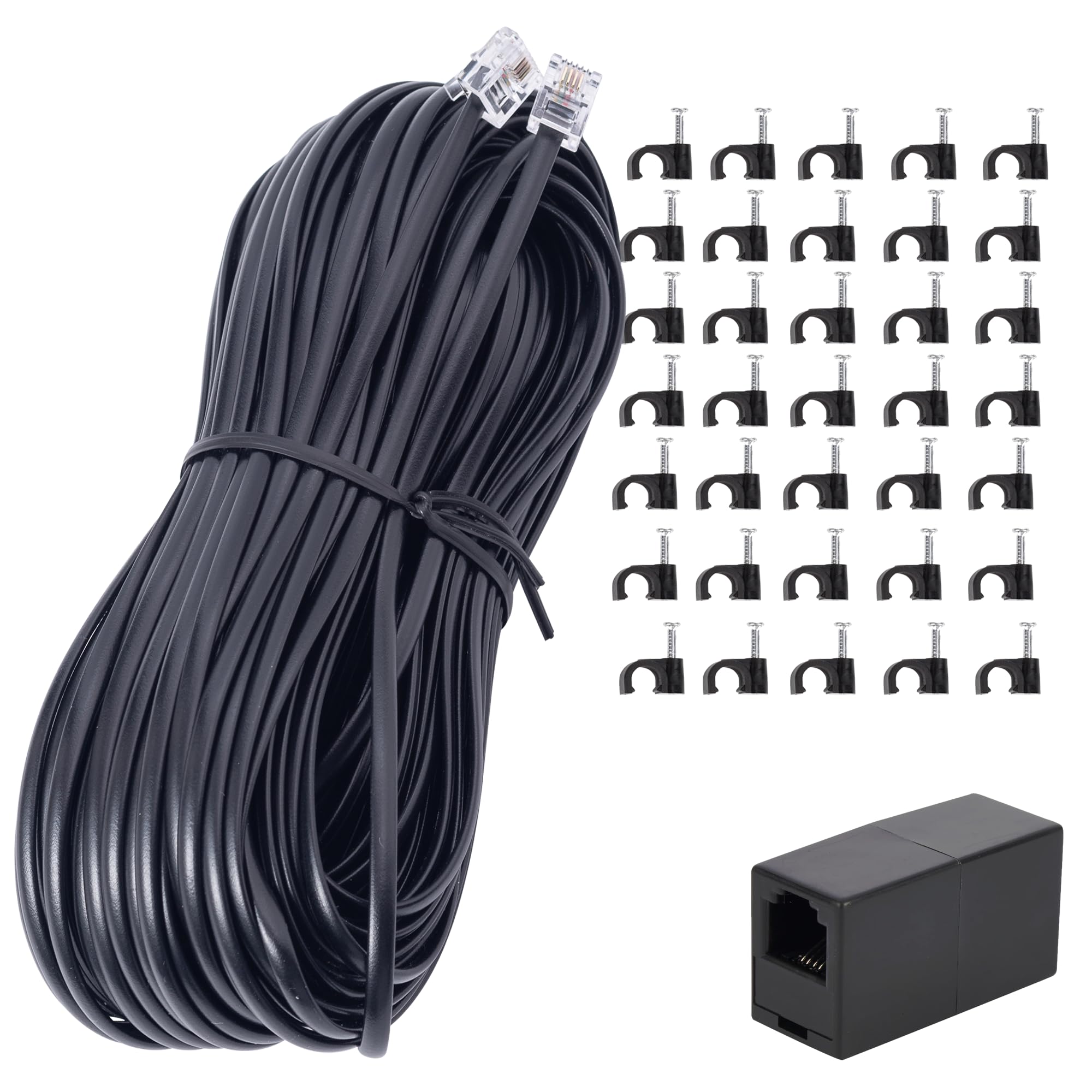 Telefon-Verlängerungskabel, 30 m lang, mit Standard-RJ11-Stecker und Telefon-Inline-Koppler, RJ11-Splitter und 35 Kabel-Clip-Halterungen, Schwarz
