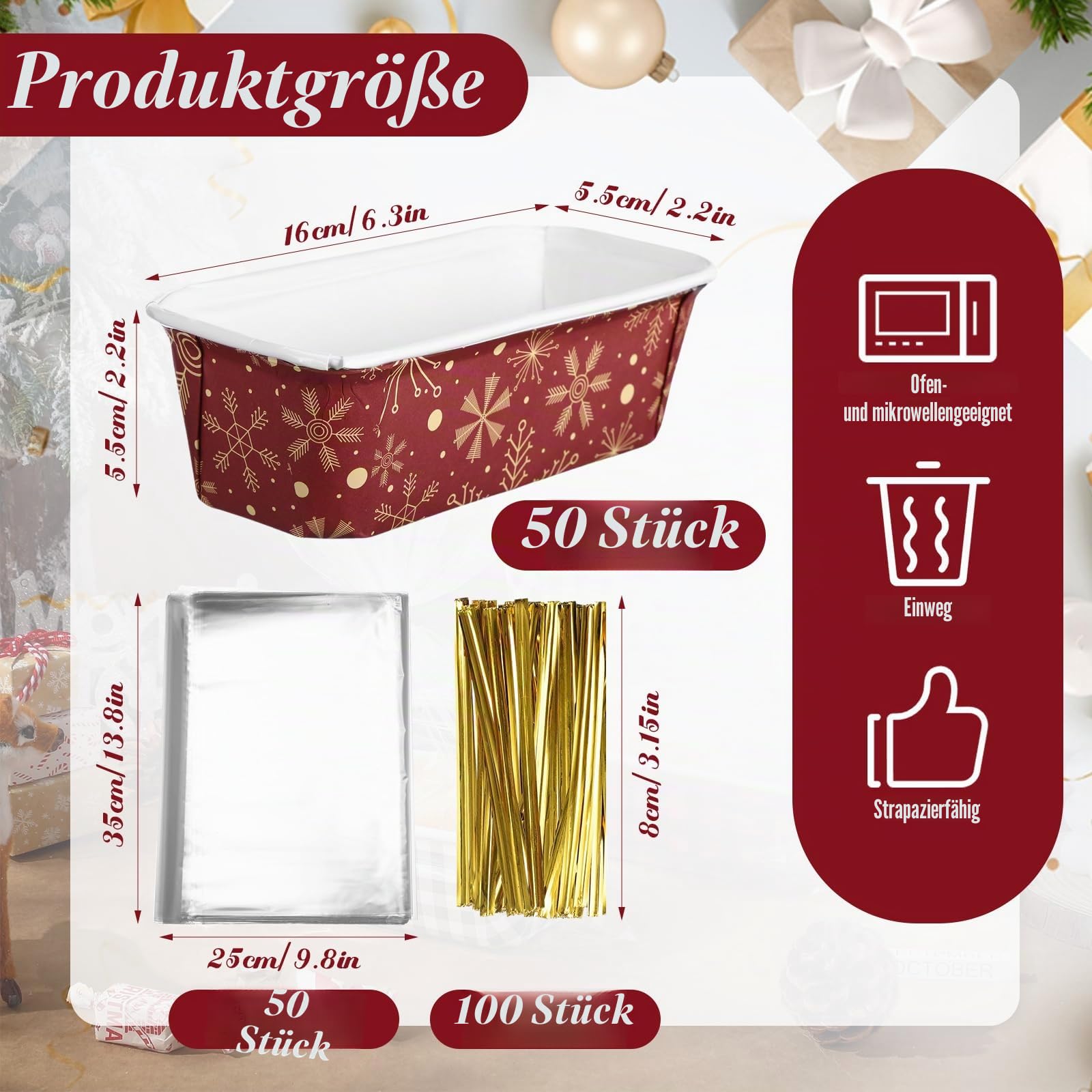 Teenyyou 50 Sets Weihnachts-Papier-Kastenform 16,3 x 5,6 x 5,6 cm, Mini-Einweg-Brotformen mit transparenten Plastiktüten und Bändern, rechteckige Backform für Brot, Kuchen, Backen (eleganter Stil)