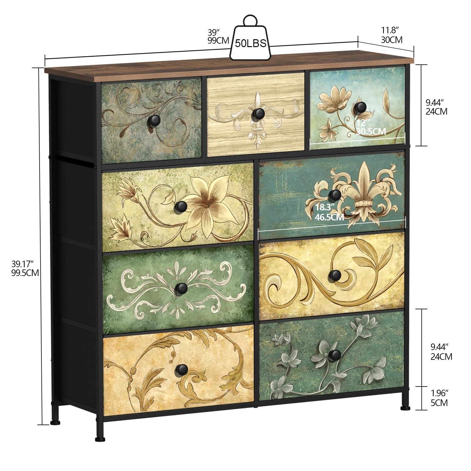VEDECASA Commode à 9 tiroirs pour chambre, armoire industrielle, cadre en métal, plateau en bois, tiroirs en tissu, pour salon, chambre d'enfant, couloir, rustique