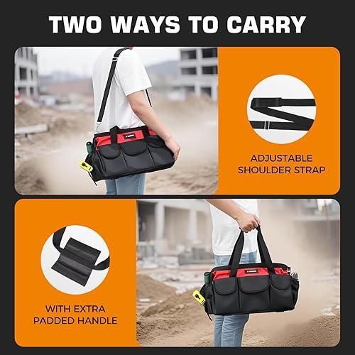 Miniatura 6 de Kingfun Bolsa de herramientas para hombres de 16 pulgadas, organizador de bolsas de herramientas resistentes de 14 bolsillos, correa de hombro
