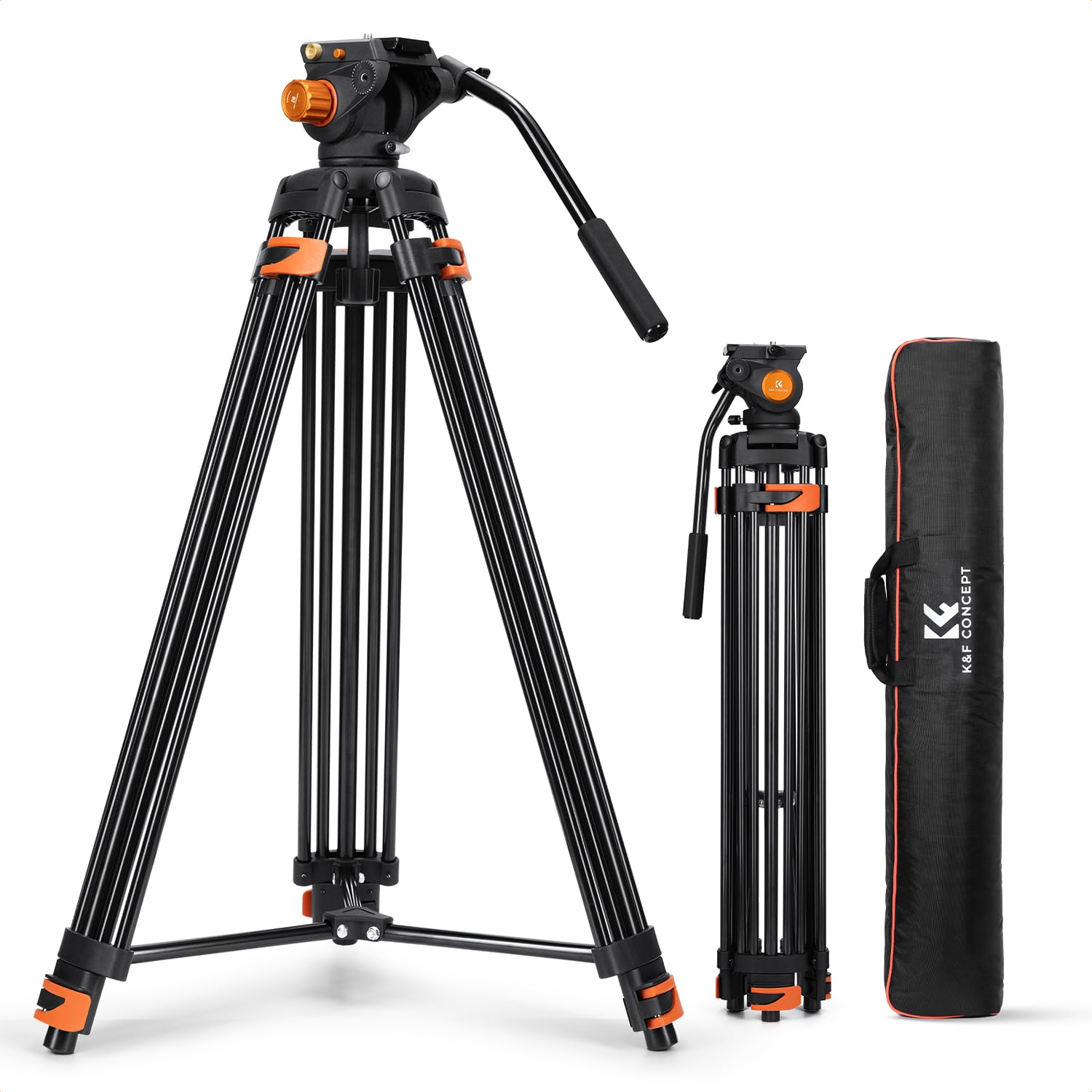 K&F CONCEPT Schwarz-Orange Aluminium 202cm Videostativ | Heavy Duty Tripod Stativ, Fluidkopf, Schnellwechselplatte, Tragkraft 8kg für DSLR, Camcorder, Kameras VA3+BV70