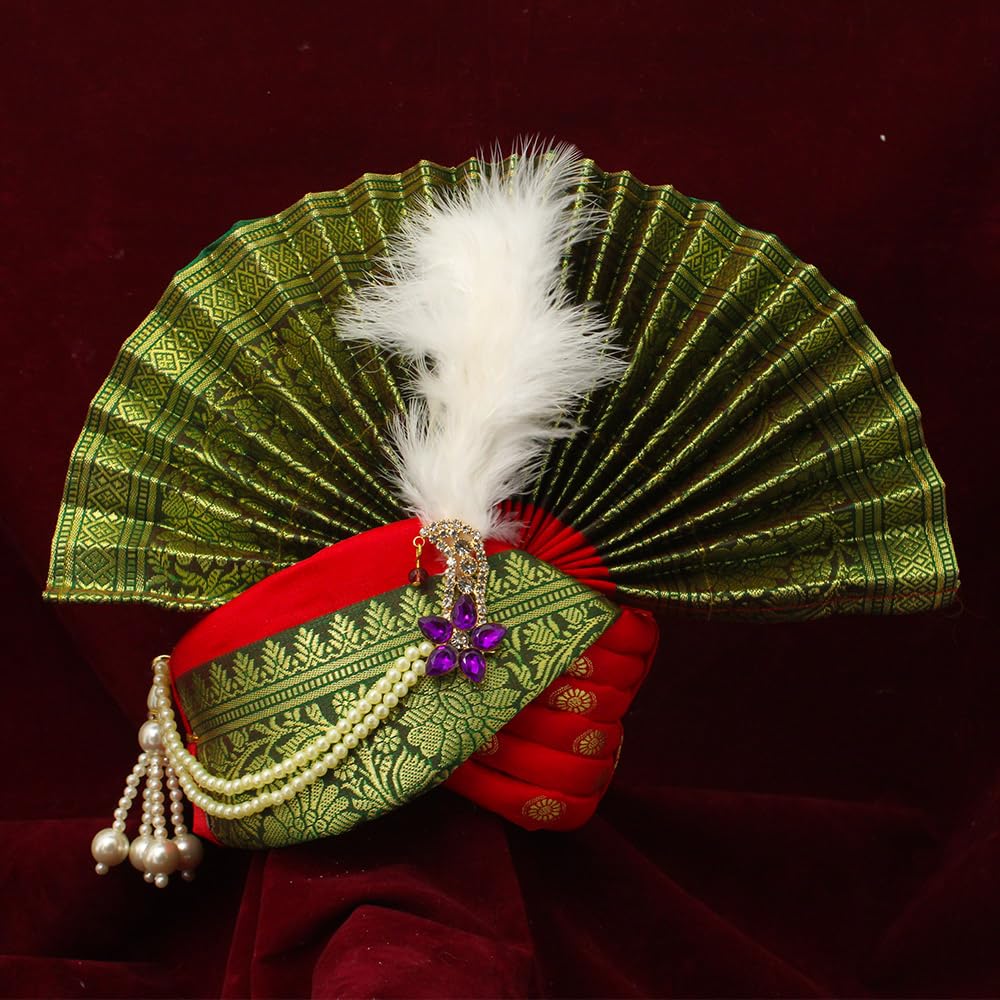 VEDIC VAANI Traditional Ganpati Feta Mukut (Paithani Silk Turban) | Fits 16–22 Inch Height Idols | | 8 Inch Ear-to-Ear Size Royal Ethnic Crown with Feather, Moti Latkan, Adjustable Headgear (RED)-image-24