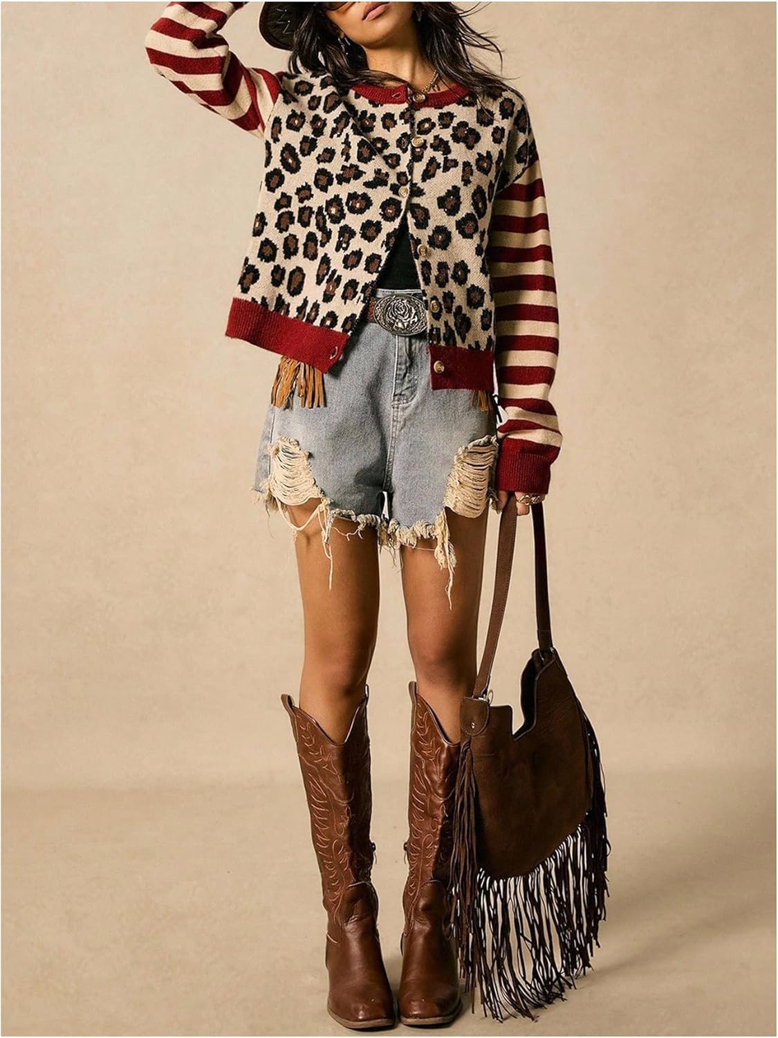 Verdusa Leopard Cardigan for Women Striped Cheetah Print Button Down Sweaters Long Sleeve Color Block Knitted Outwear - Image 5