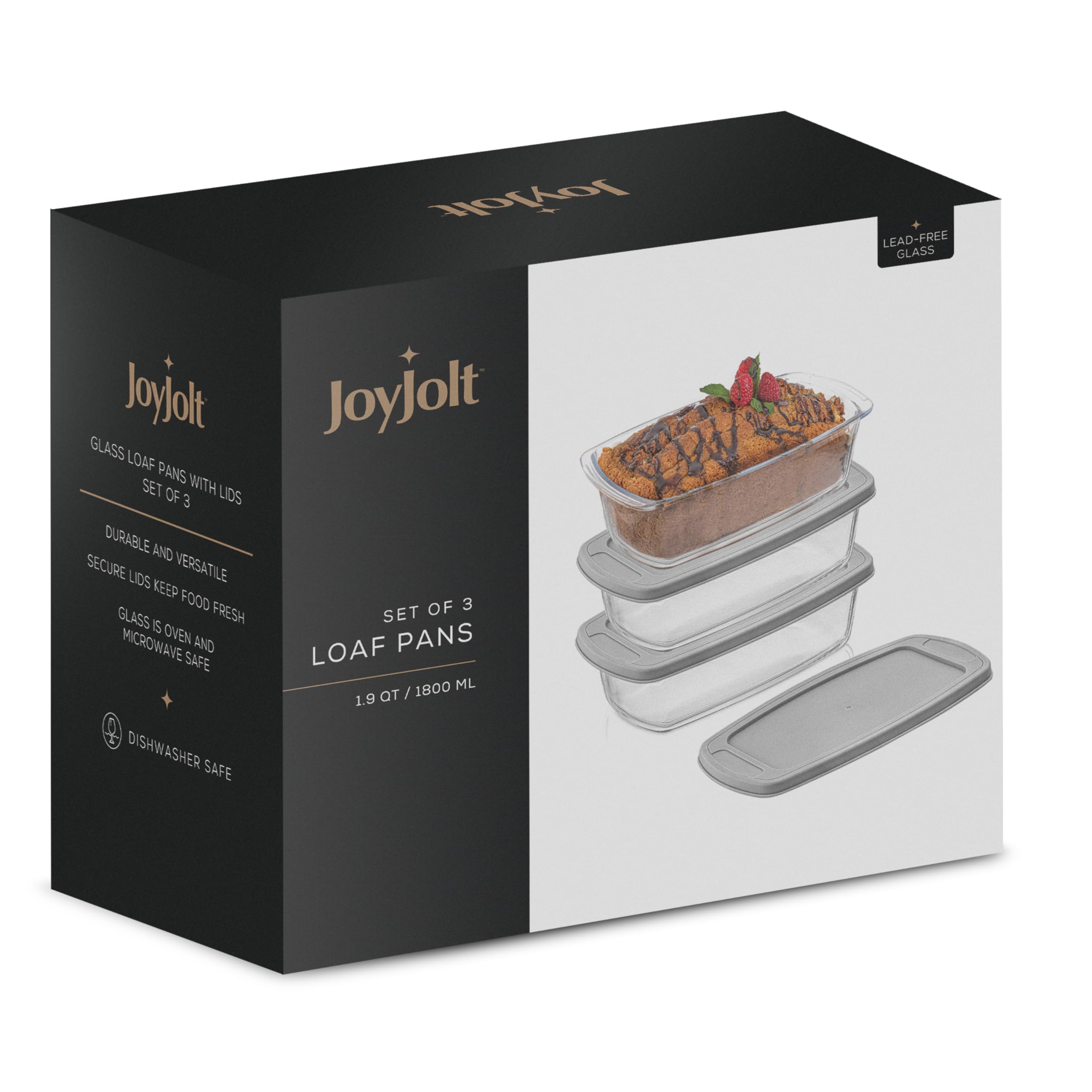 JoyJolt Lot de 3 moules à pain rectangulaires en verre avec couvercle pour la cuisson du pain, récipient de stockage du pain, moule à lasagnes, moule à pain de viande, moule à pain de banane